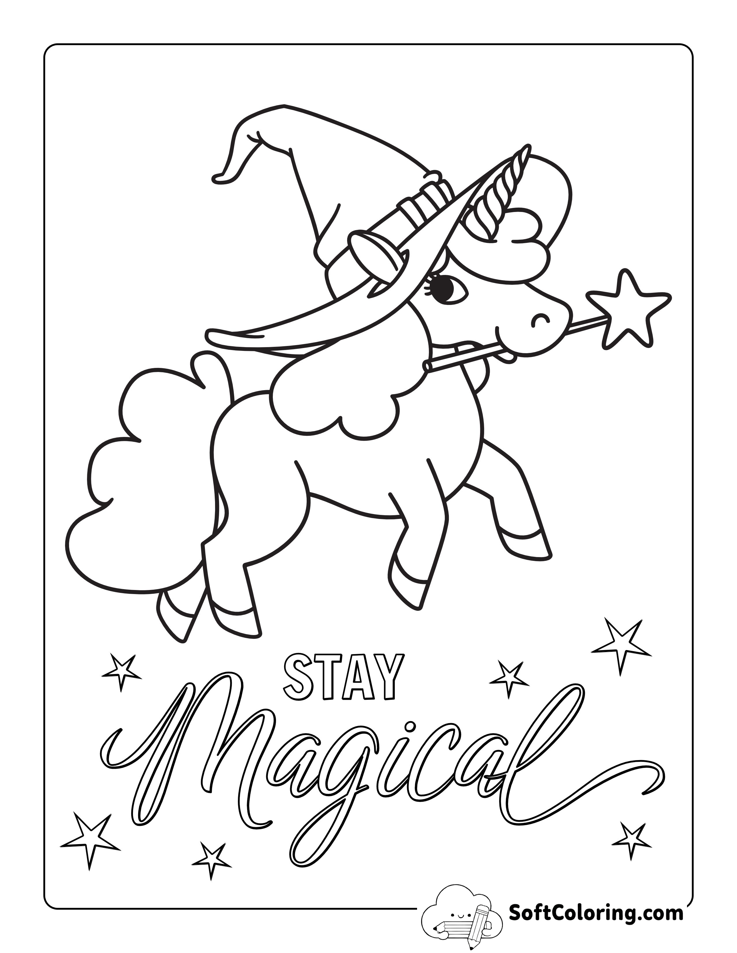 Unicorn with Witches Hat Coloring Sheet