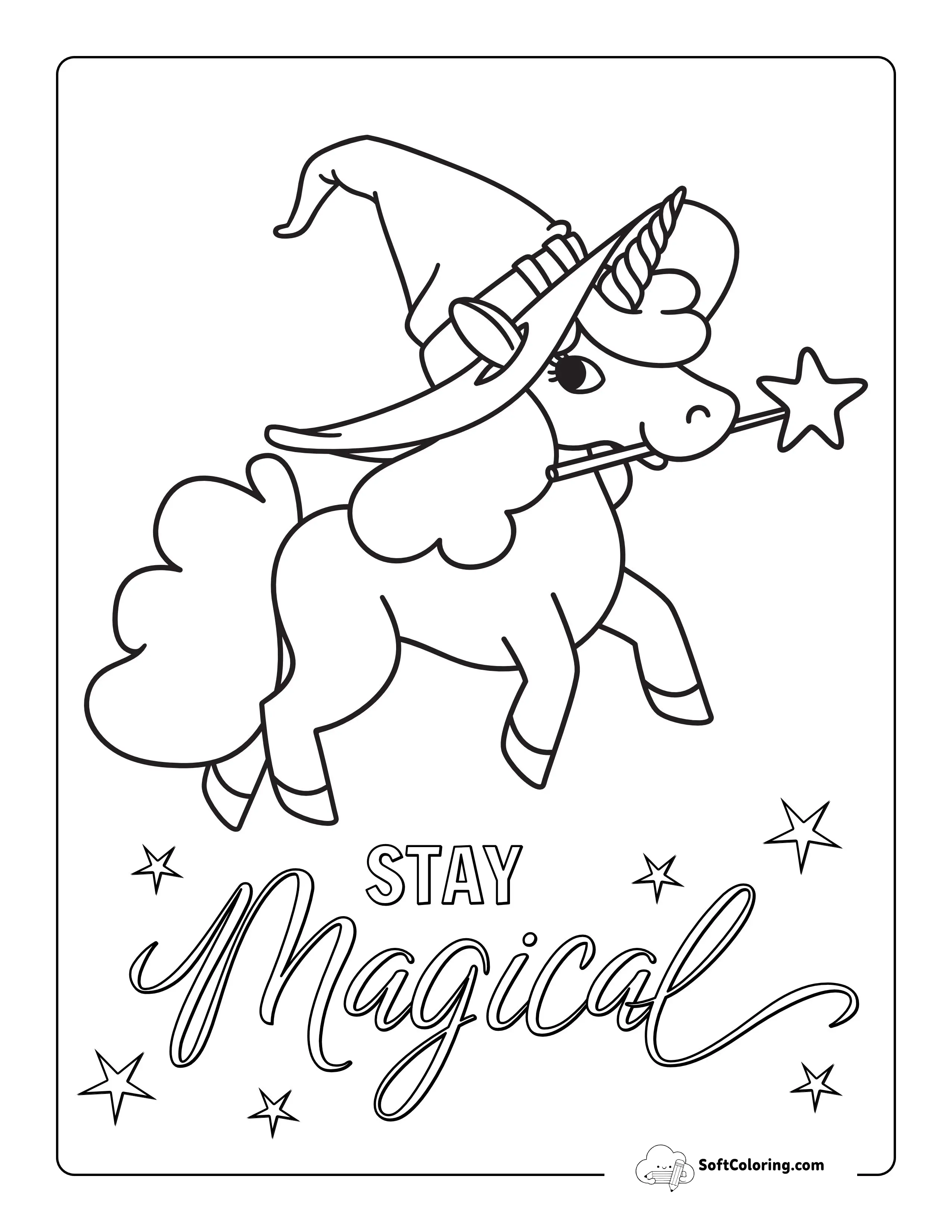 Unicorn With Witches Hat Coloring Sheet
