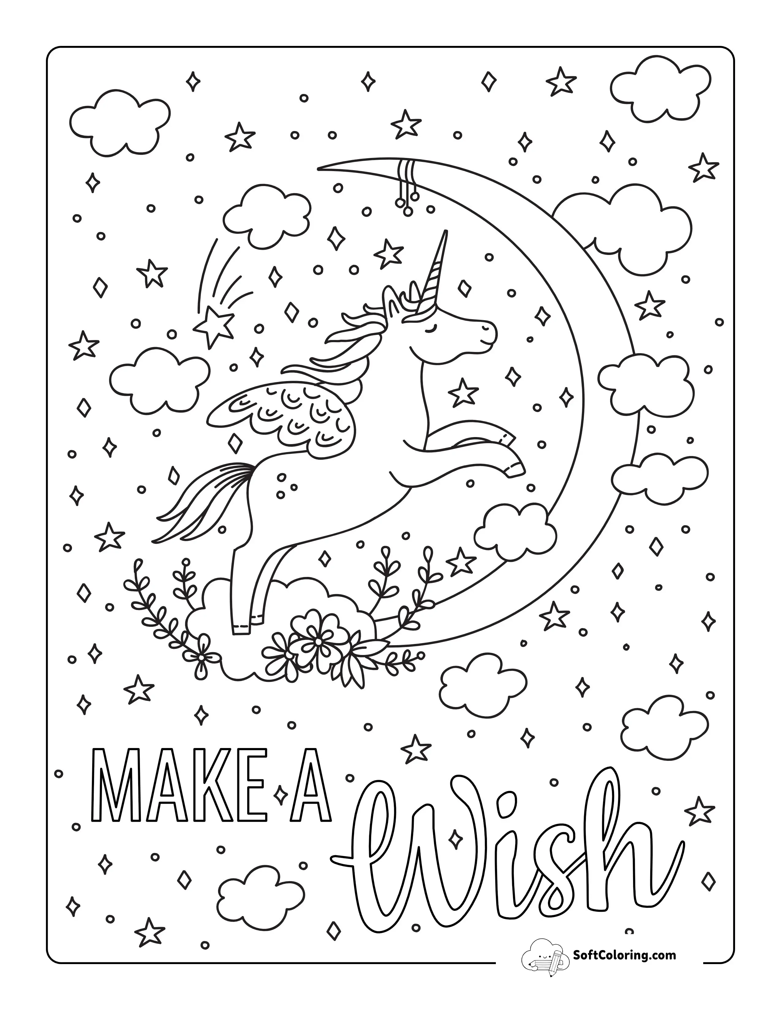 Flying Unicorn Crescent Moon Coloring Sheet