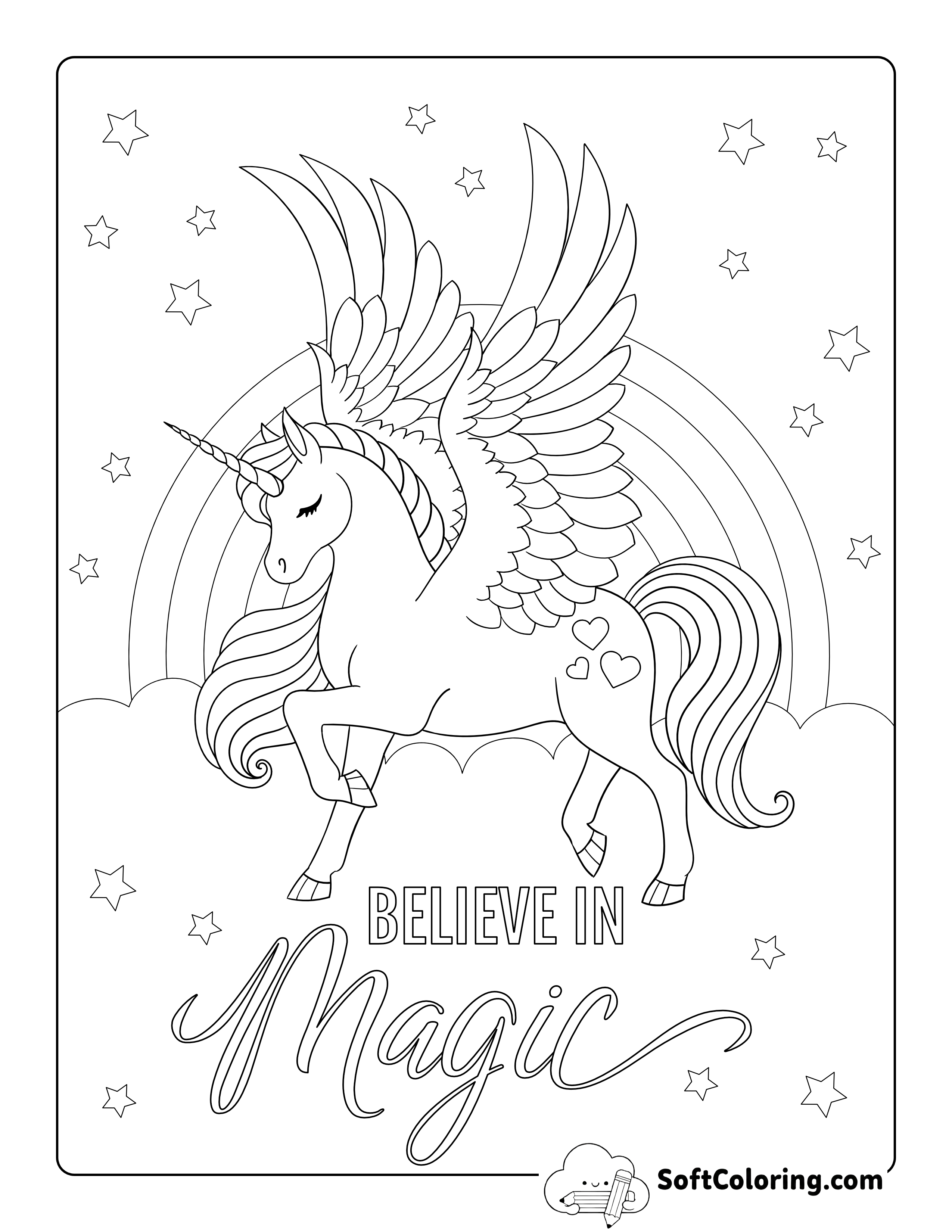 Believe in Magic Flying Unicorn Coloring Page