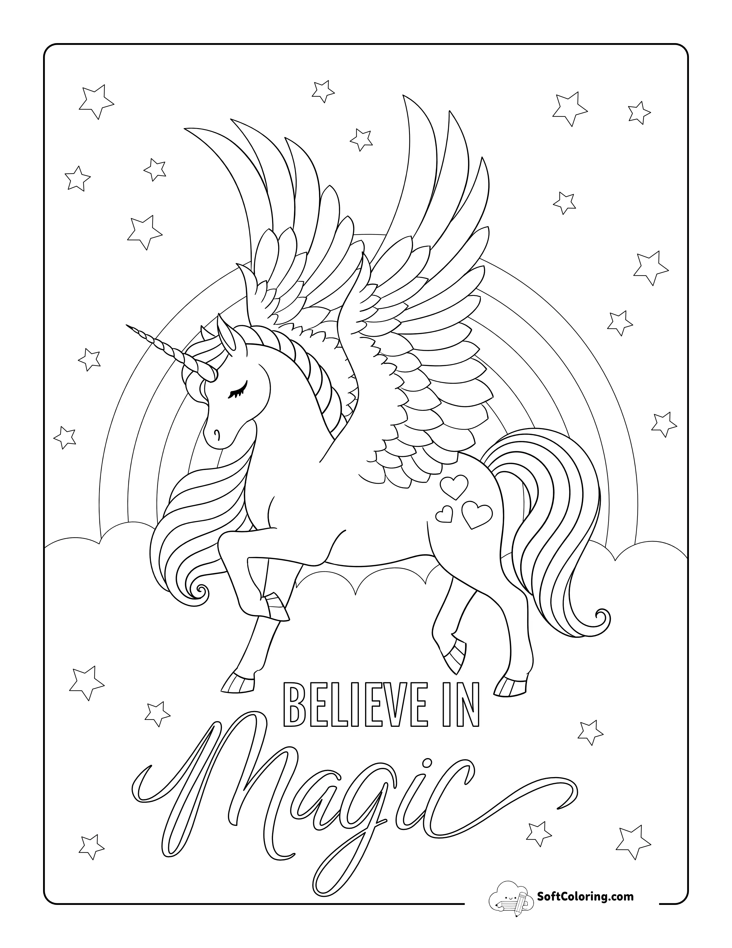 Believe In Magic Flying Unicorn Coloring Page