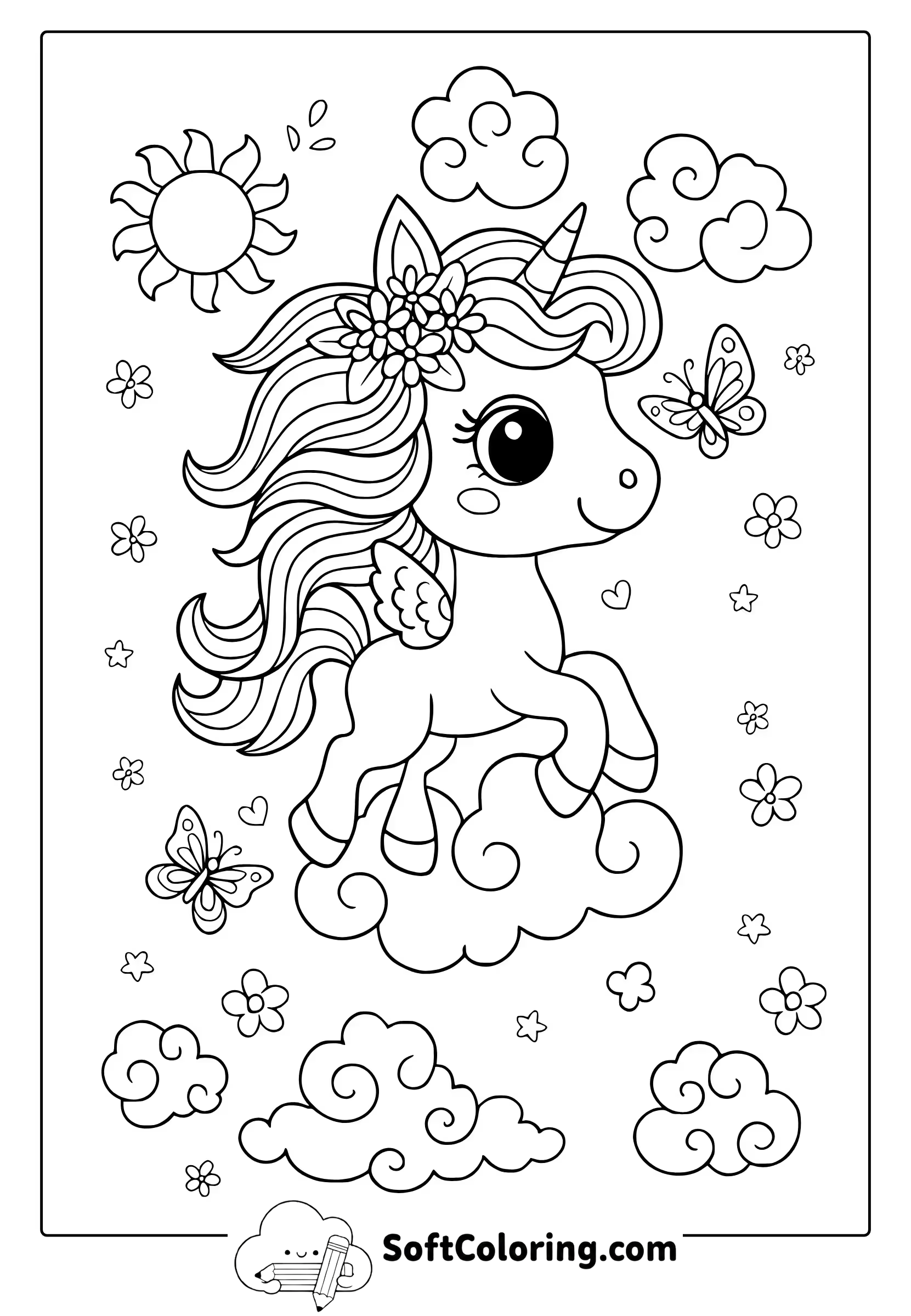 unicorn flying on clouds coloring page