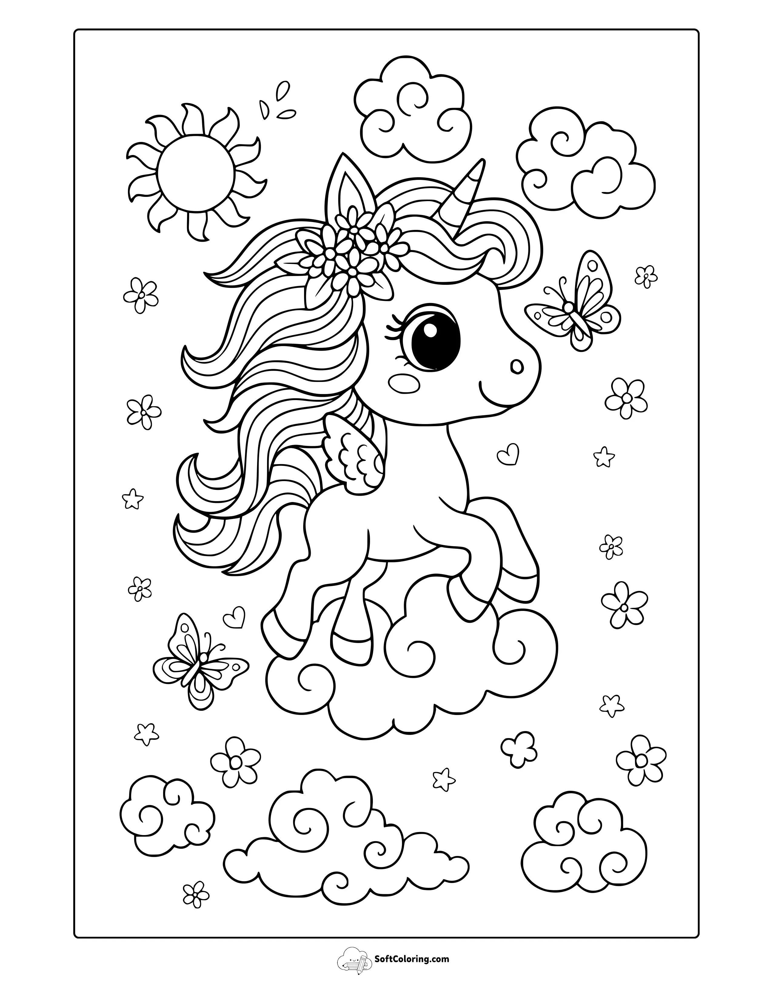 Unicorn Flying On Clouds Coloring Page