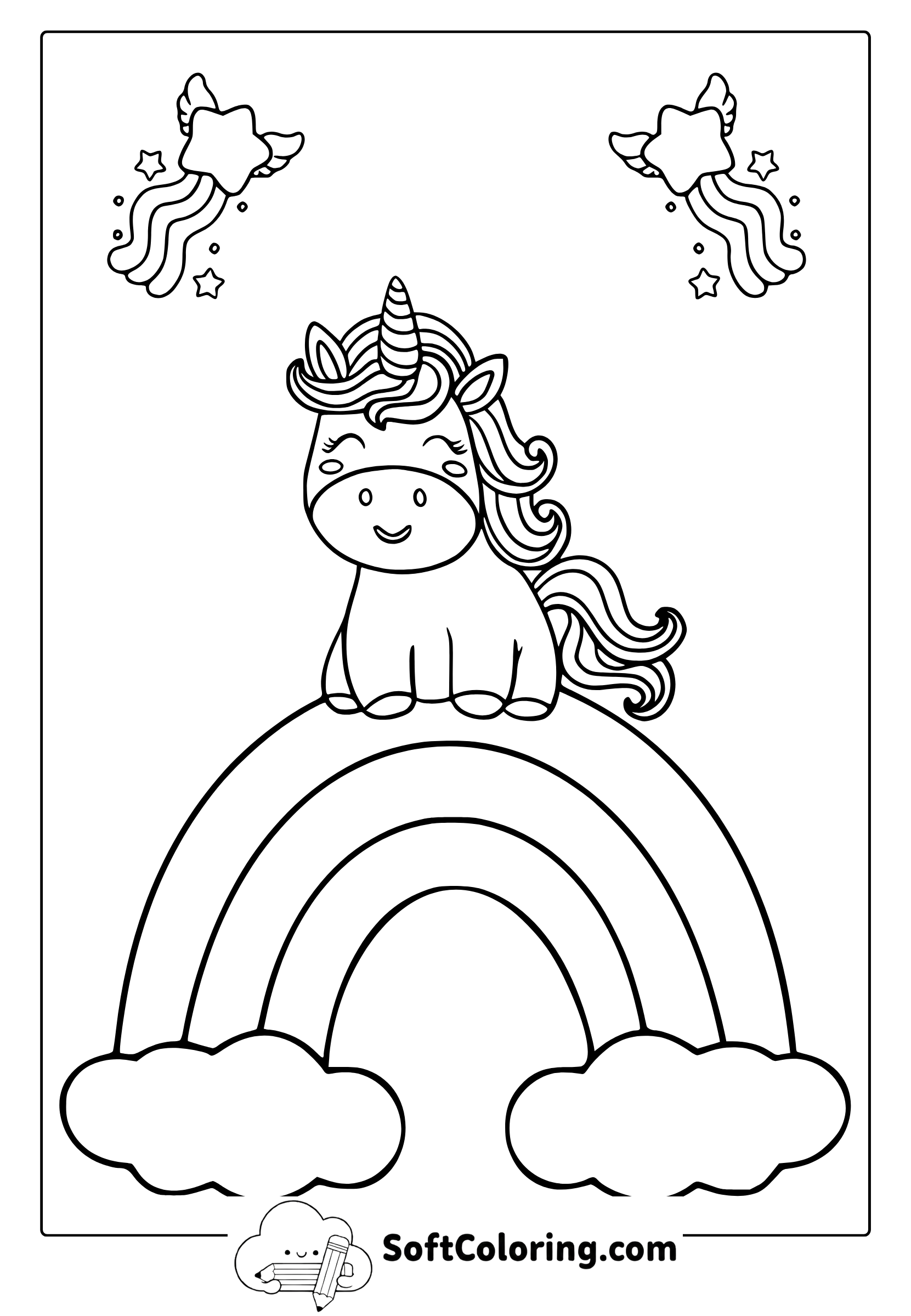 unicorn sitting on a rainbow coloring page