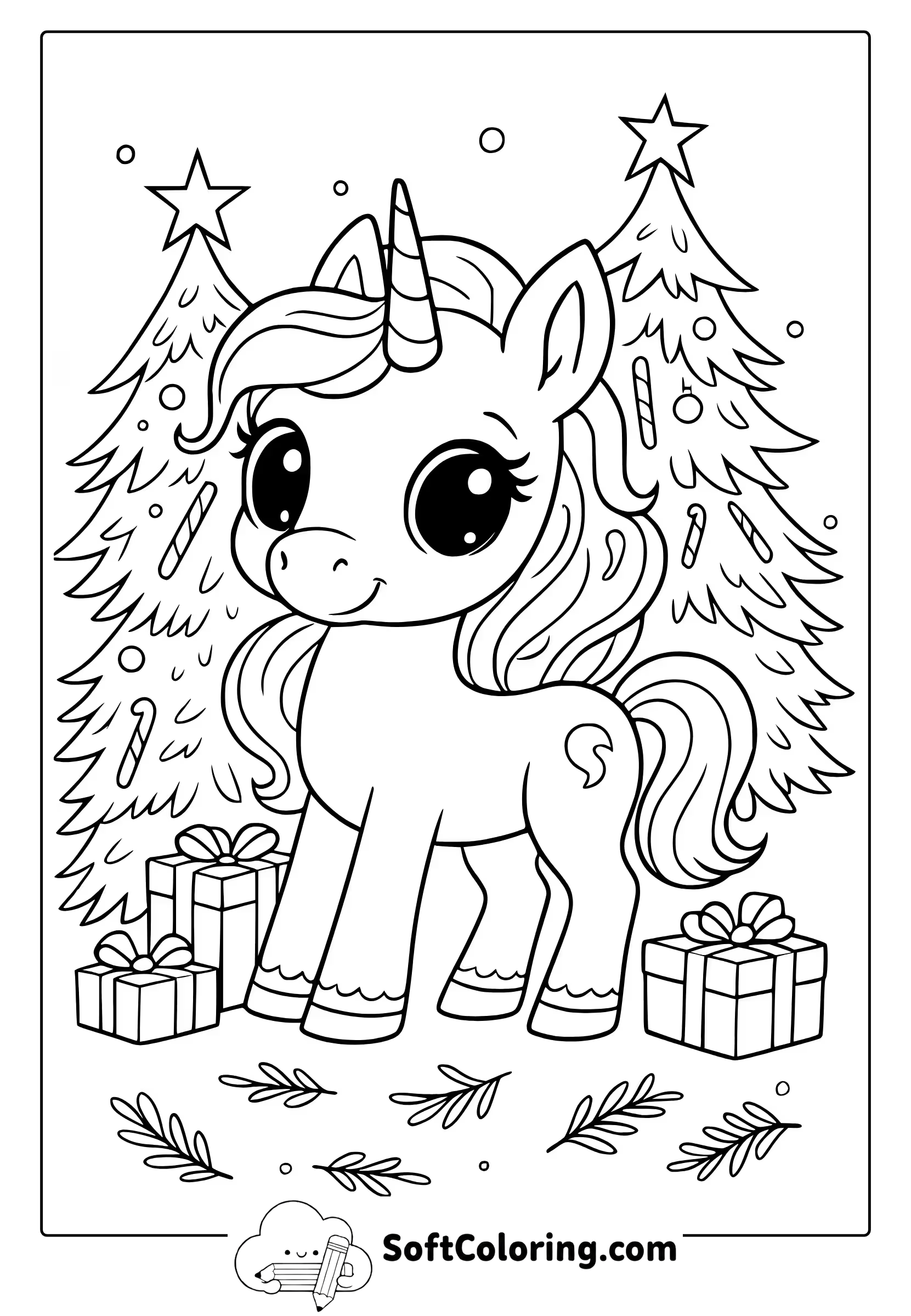 unicorn with christmas tree coloring page