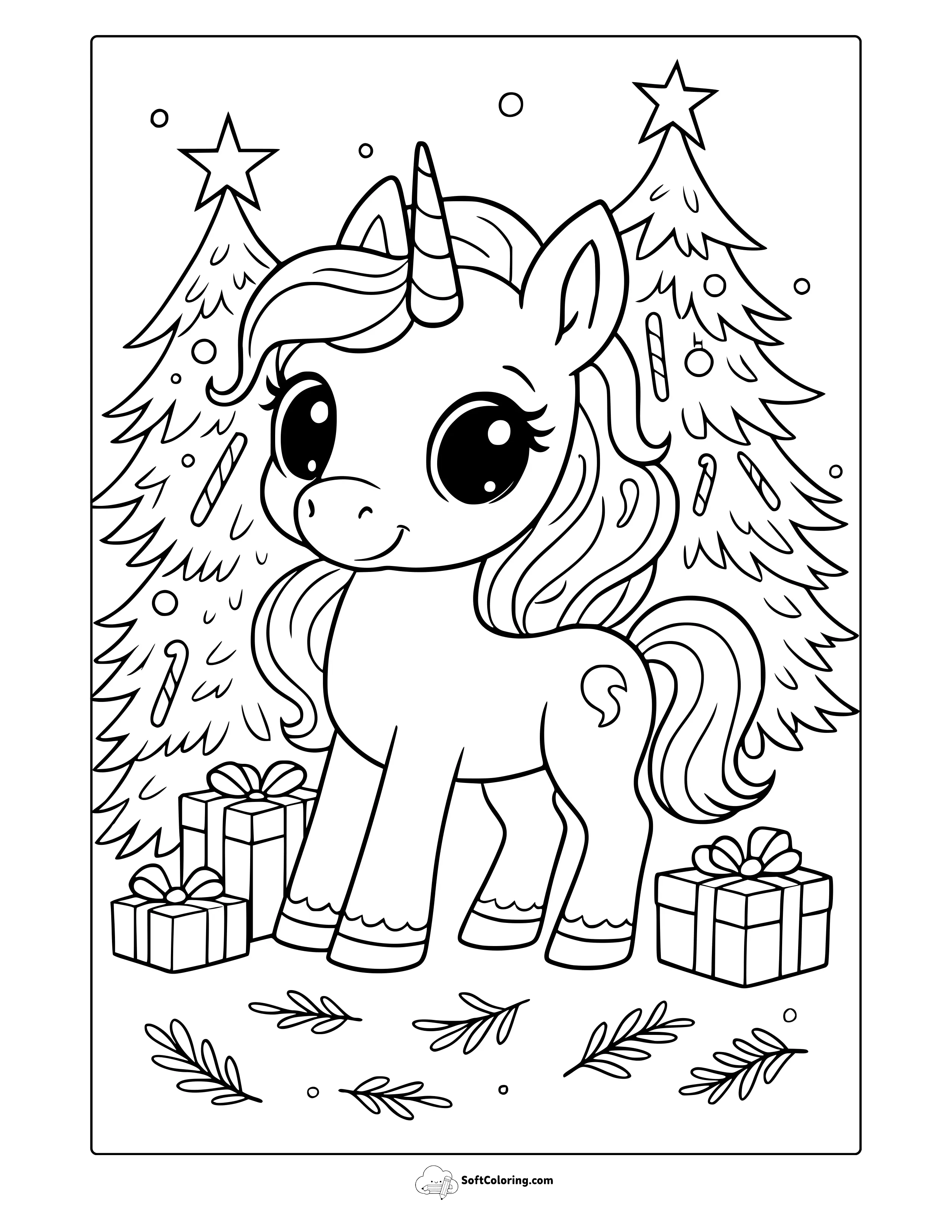 Unicorn With Christmas Tree Coloring Page