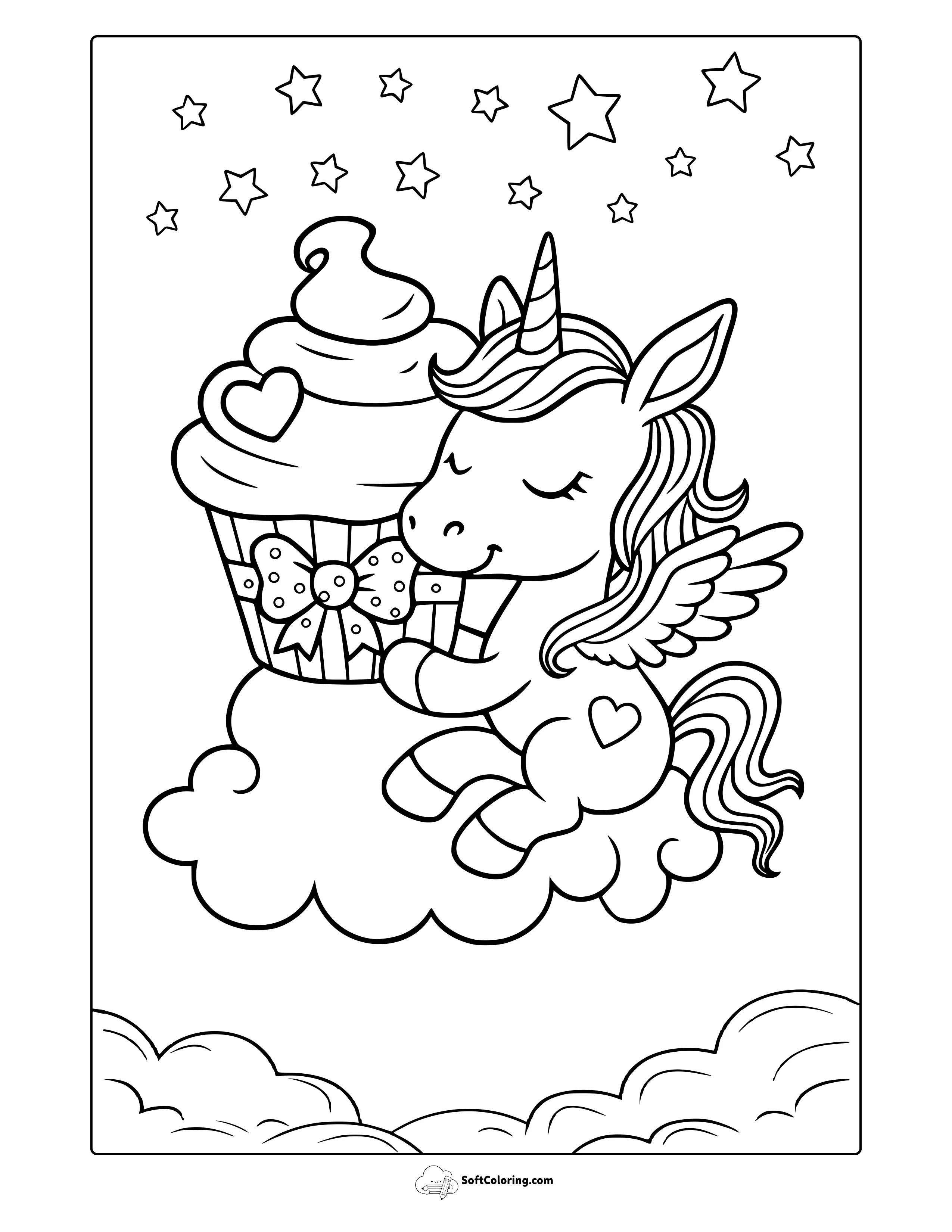 Unicorn With Cupcake Coloring Page