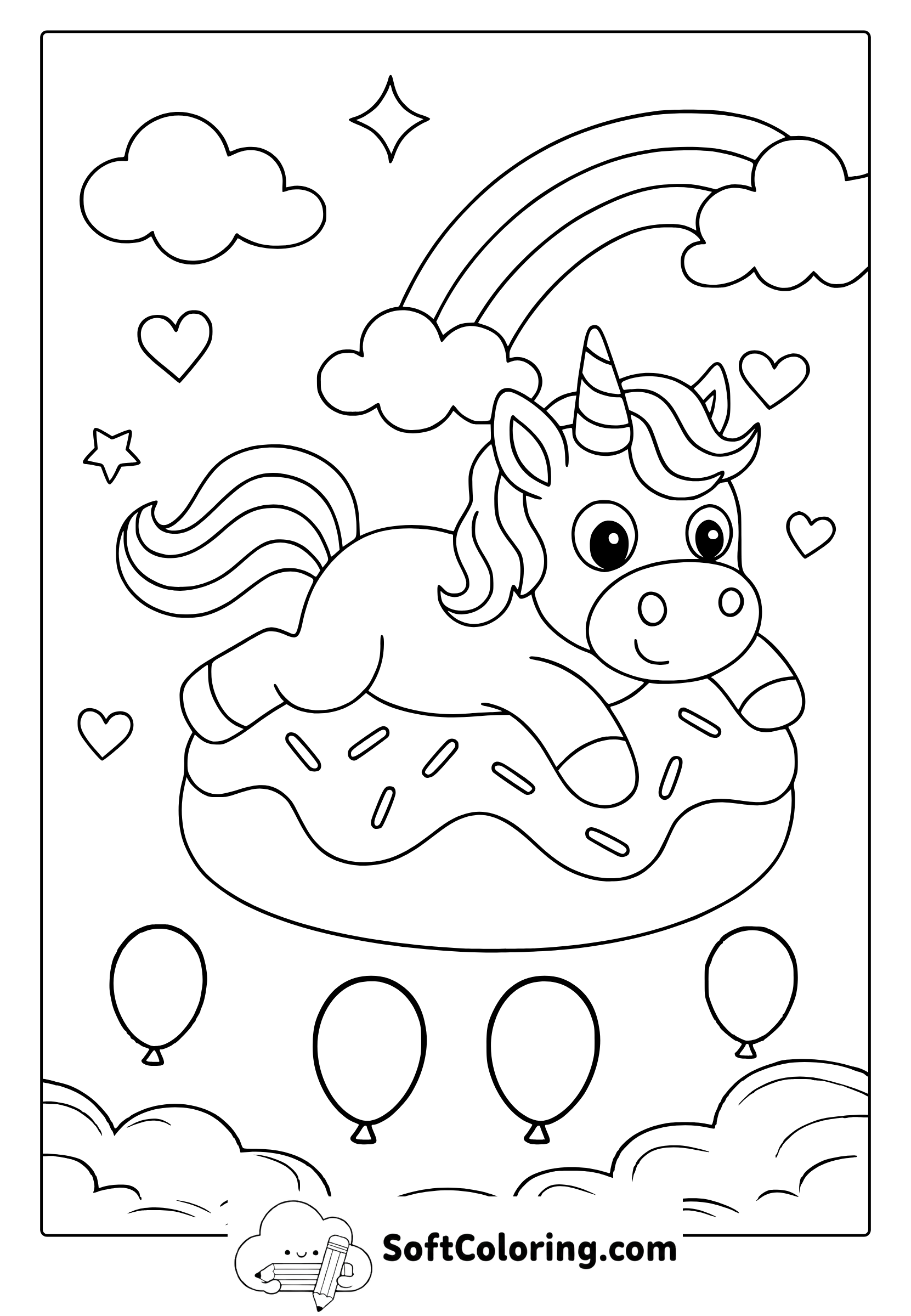 unicorn with donut coloring page