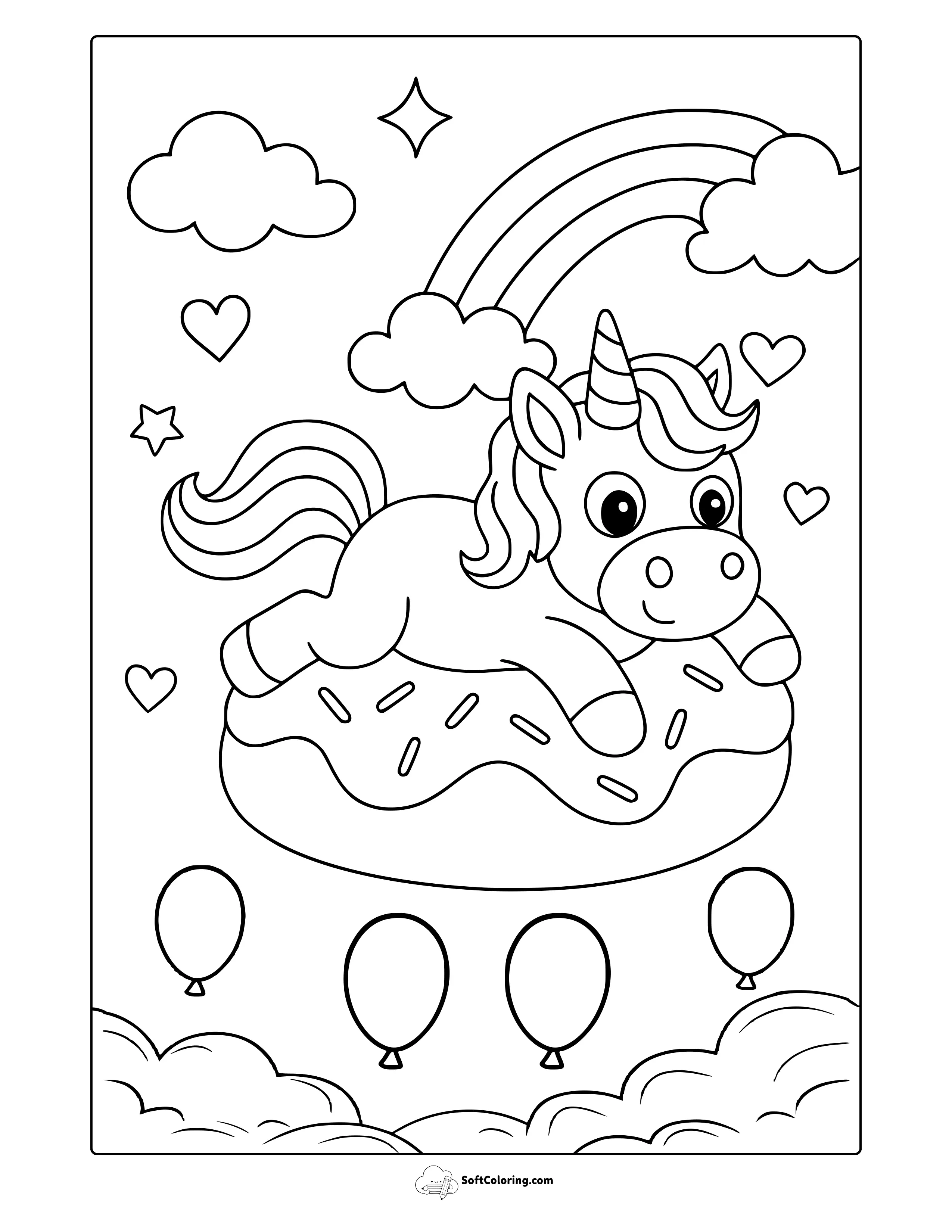 Unicorn With Donut Coloring Page