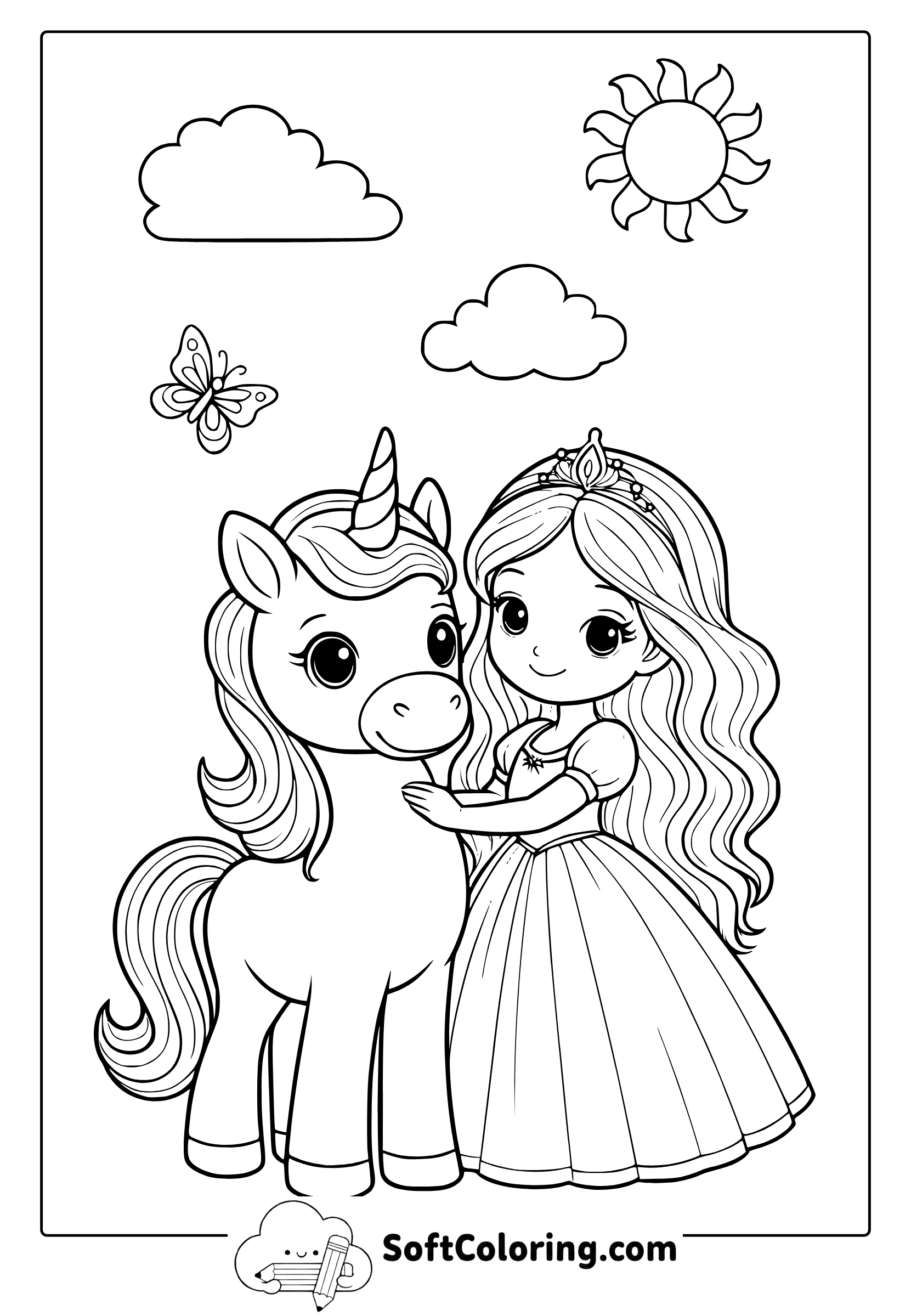 unicorn with princess coloring page