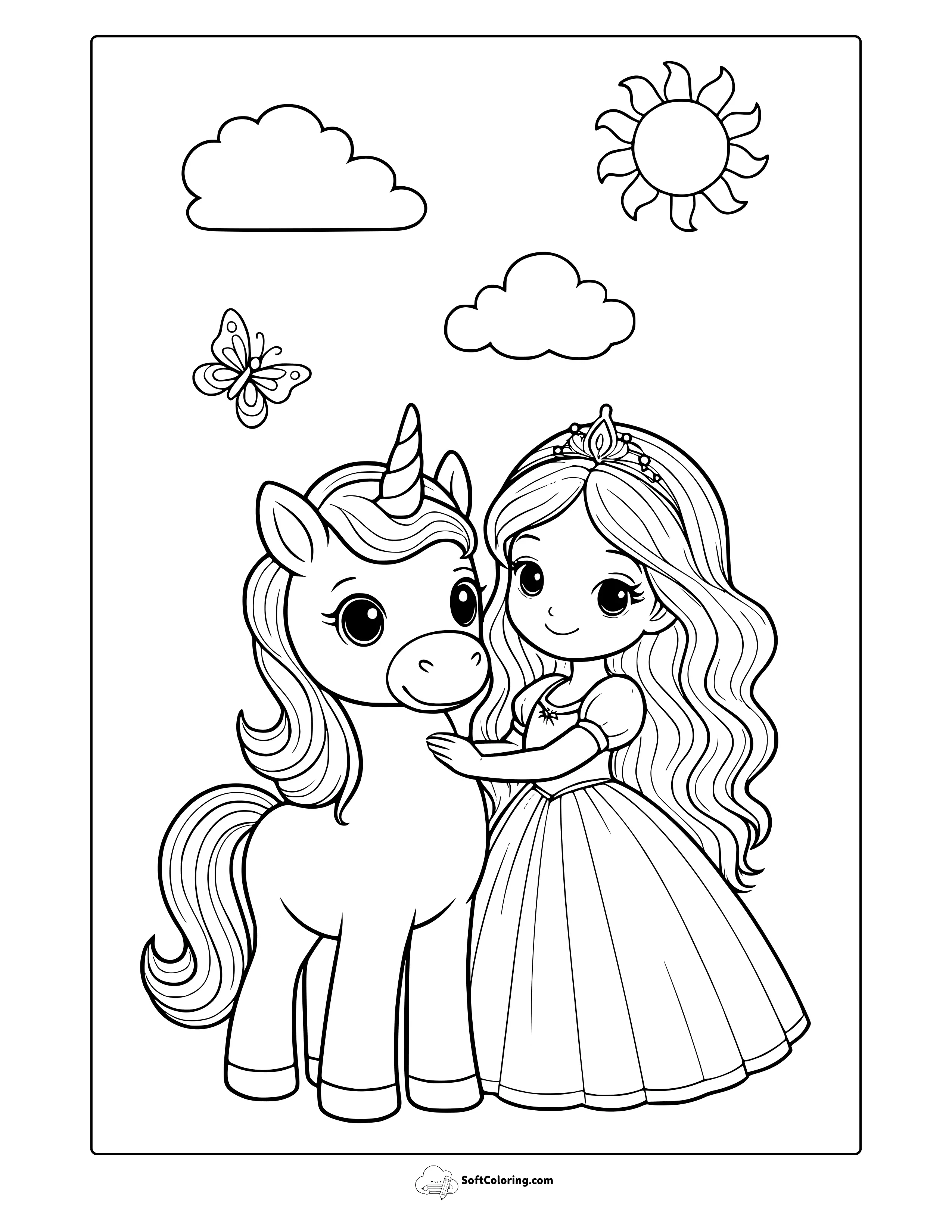 Unicorn With Princess Coloring Page