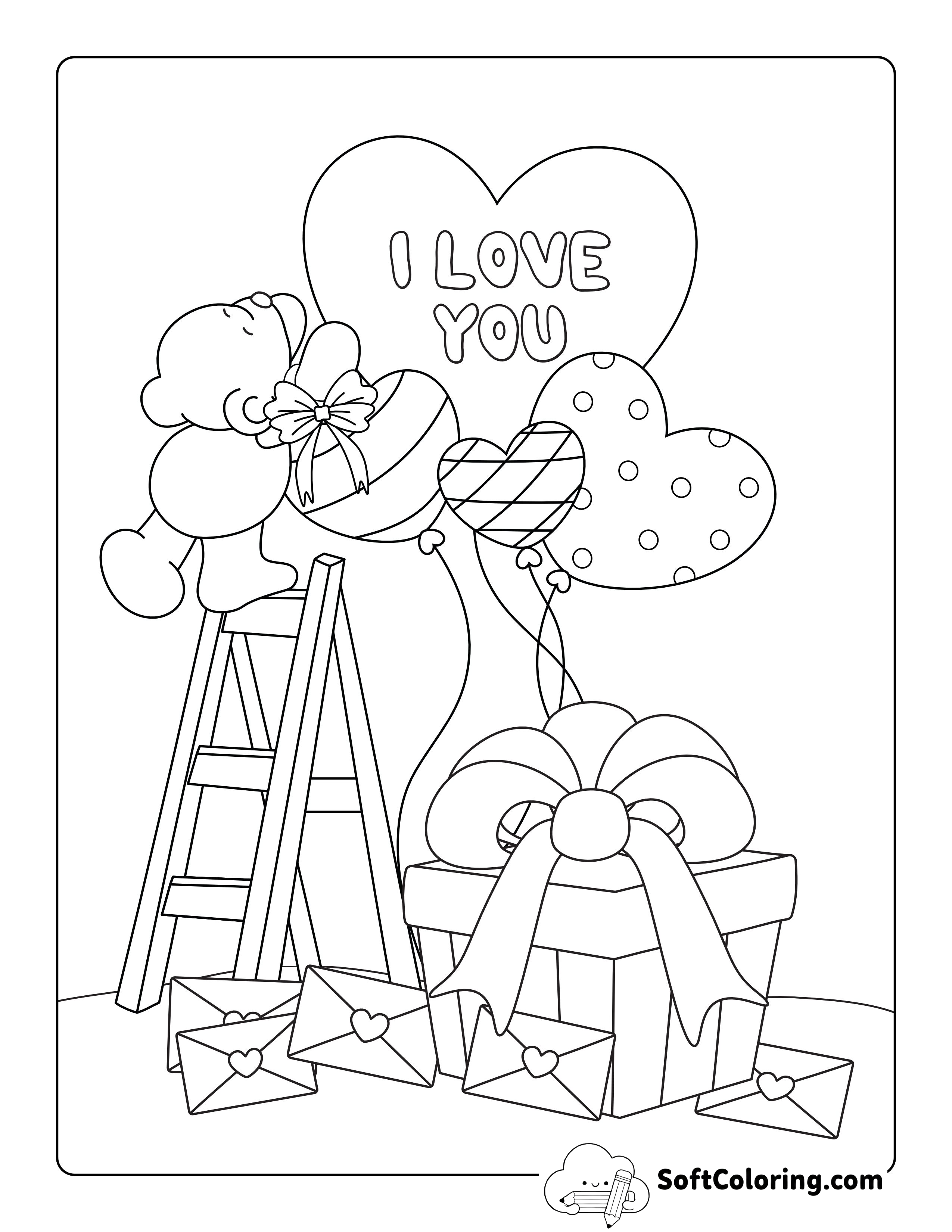 "I Love You" Cute Valentine Bear to Color