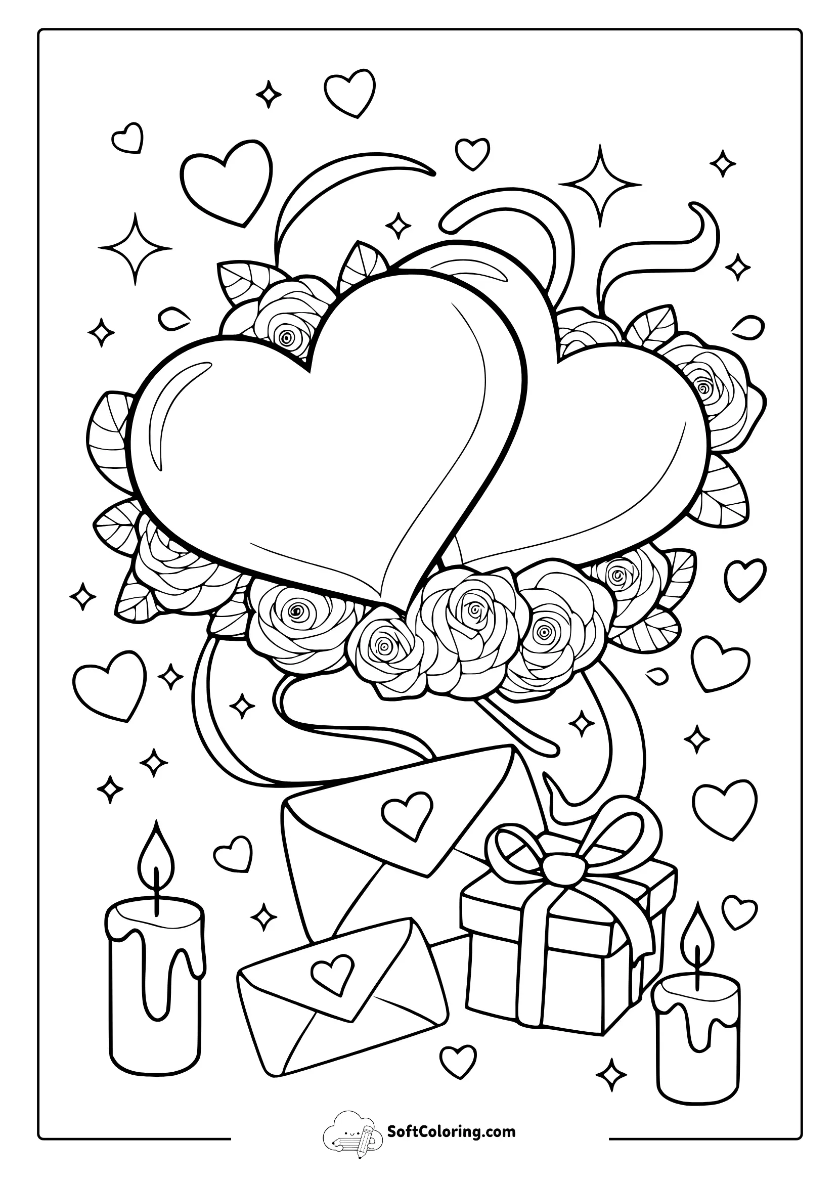 Hearts, Roses, And Love Letters Coloring Page