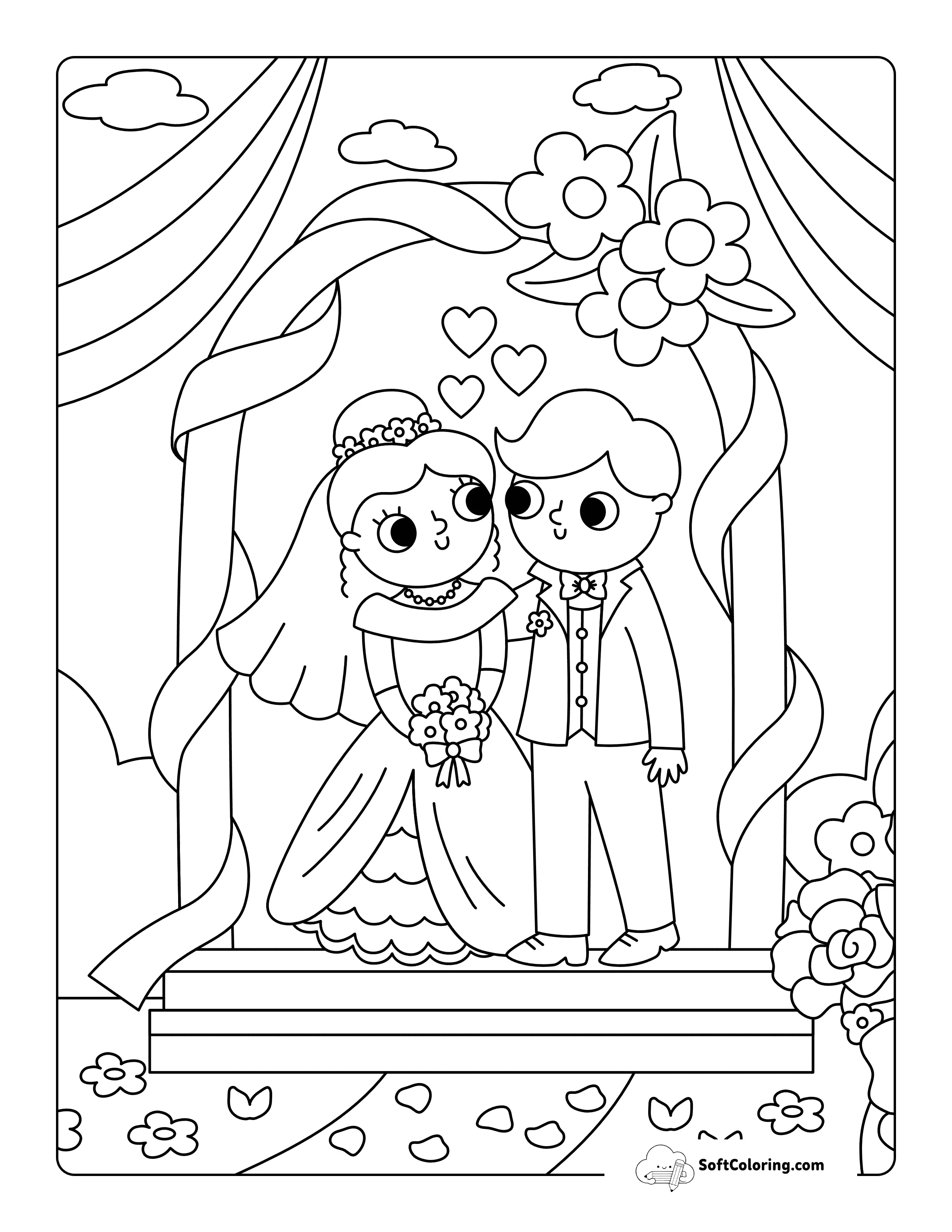 Cute Bride And Groom At The Altar Wedding Printable For Kids