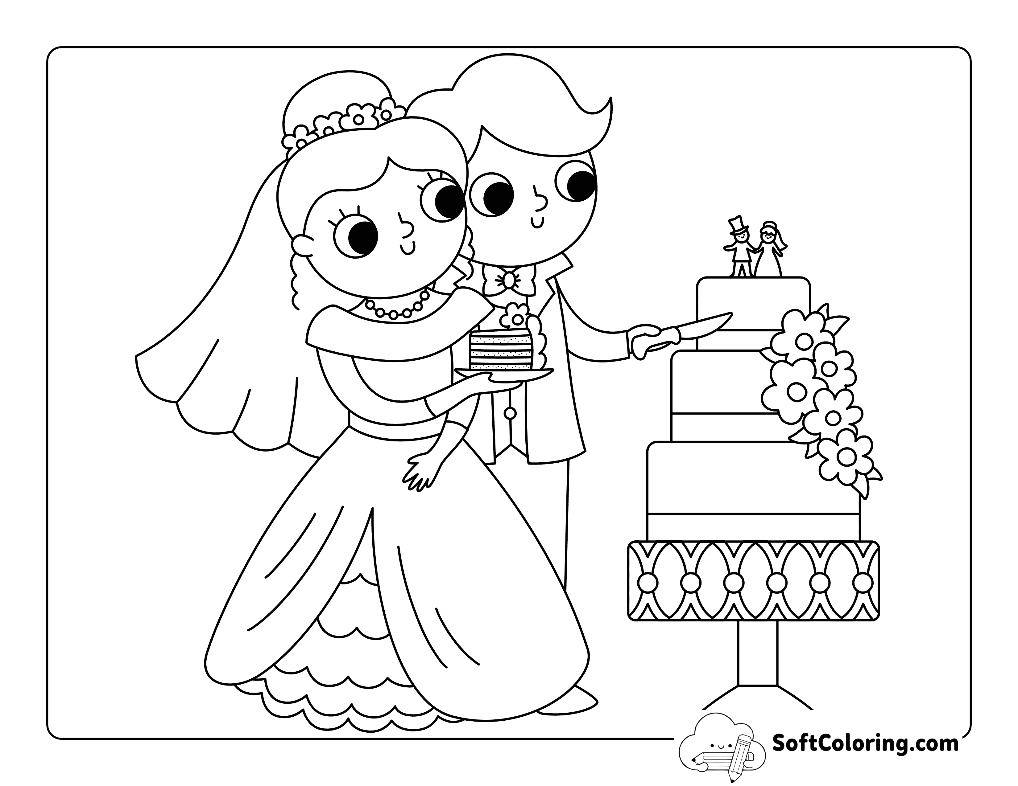 Cute Bride and Groom Cutting Cake Easy Wedding Coloring Page for Kids