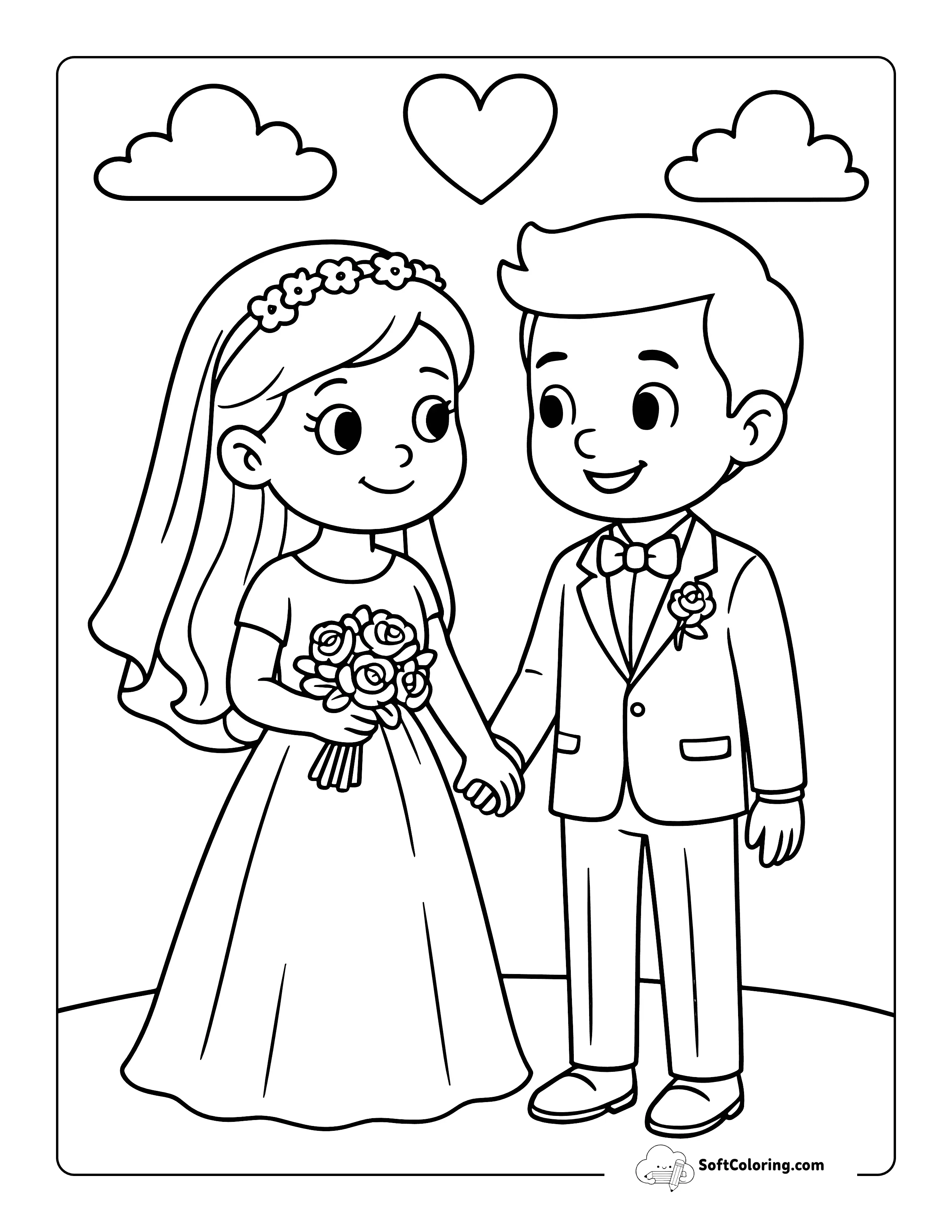Cute Bride And Groom Holding Hands Wedding Coloring Sheet