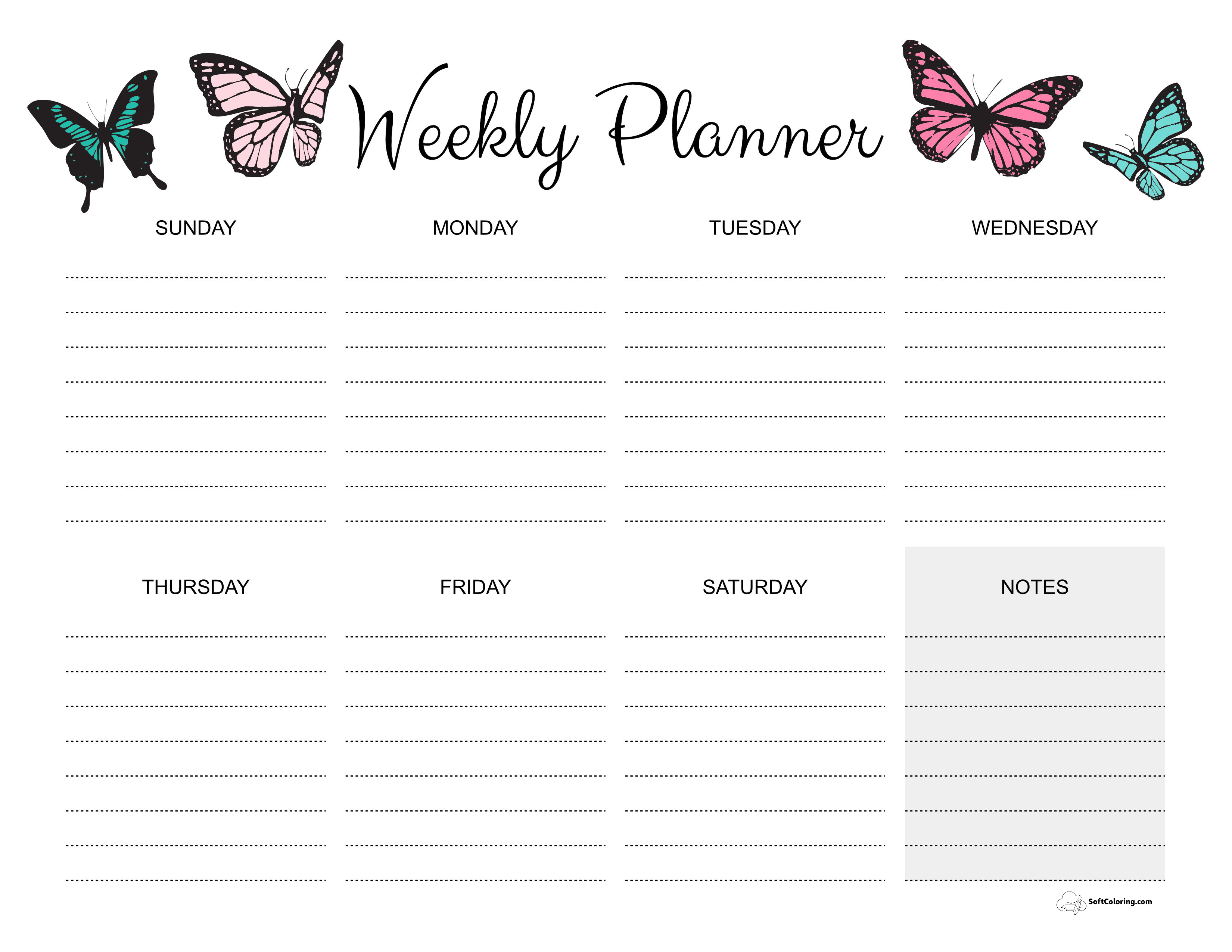 Beautiful Butterflies Weekly Calendar To Print