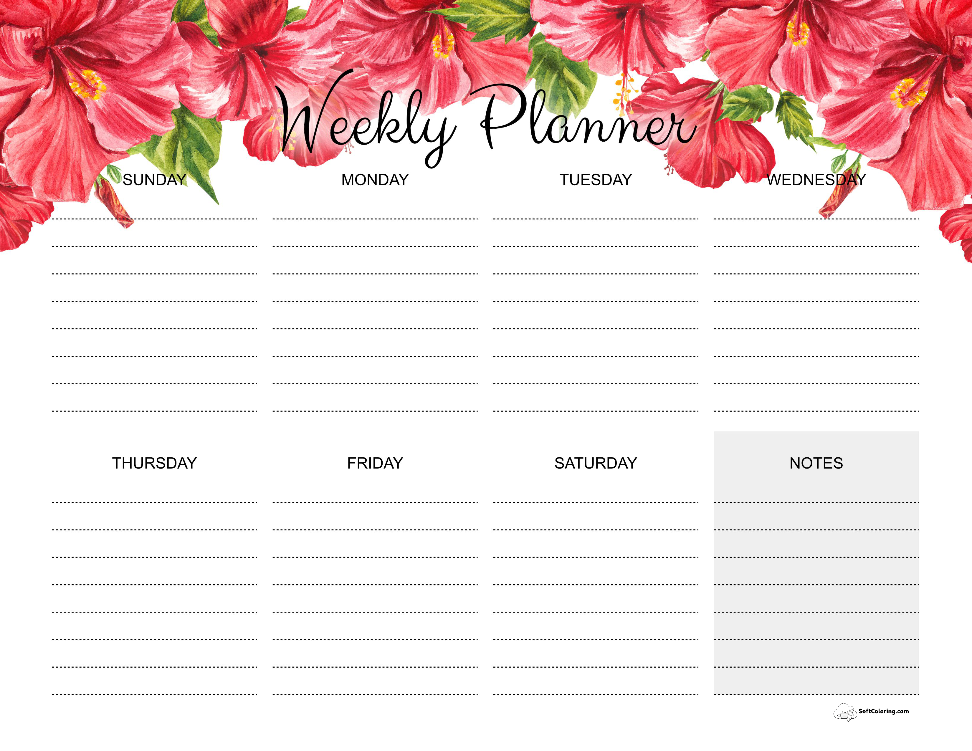 Hibiscus Weekly Calendar Printable