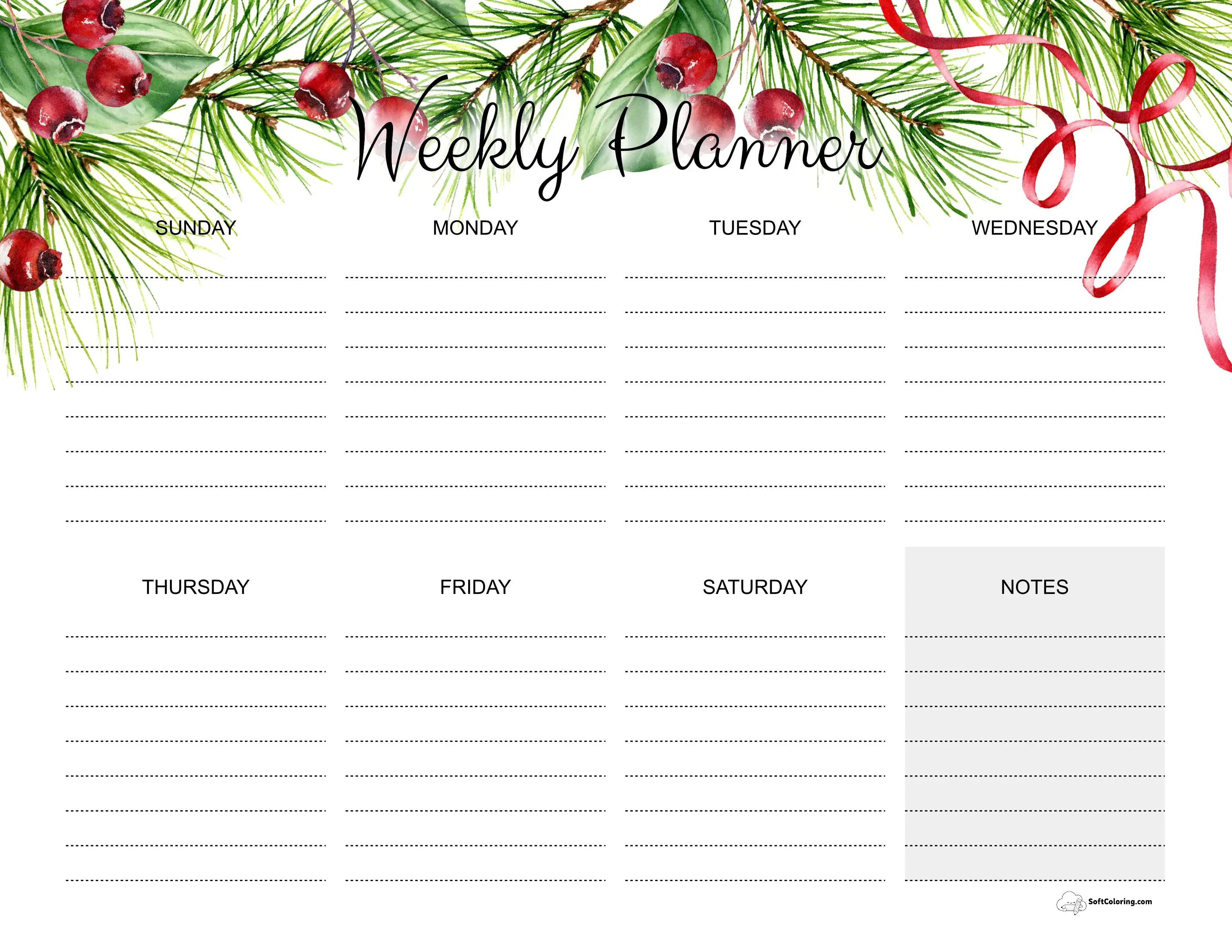 Holiday Weekly Calendar Printable