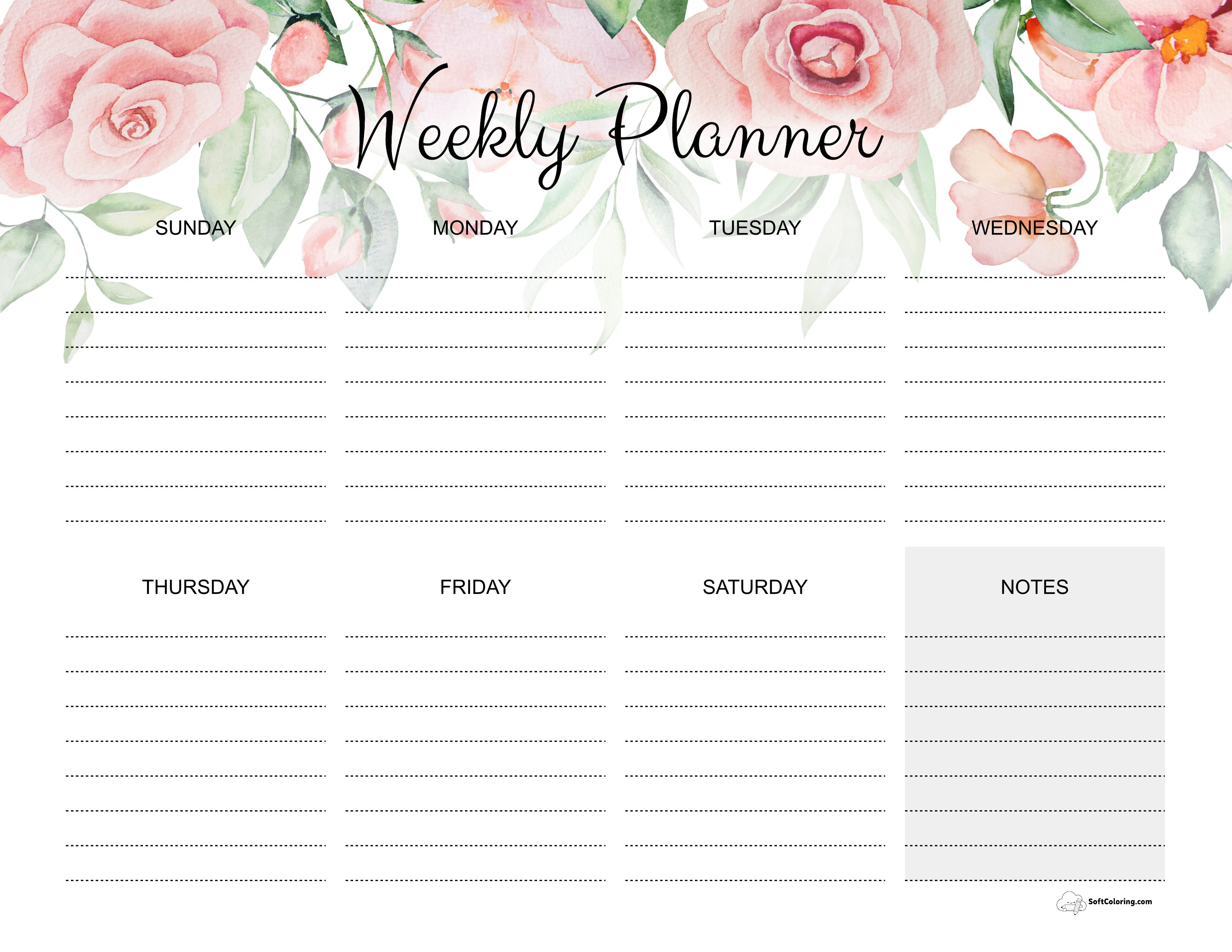 Roses Weekly Calendar Template