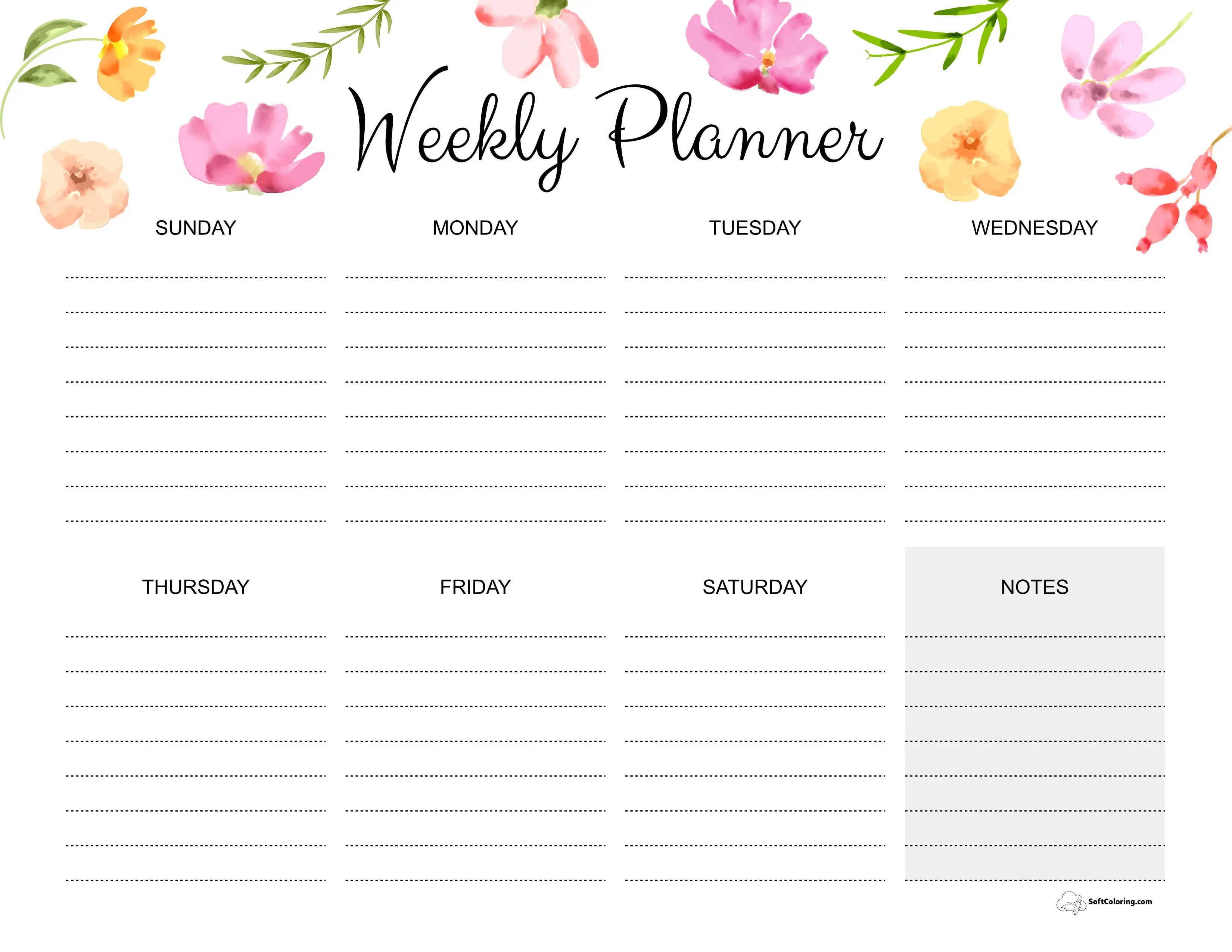 Watercolor Flowers Printable Weekly Schedule