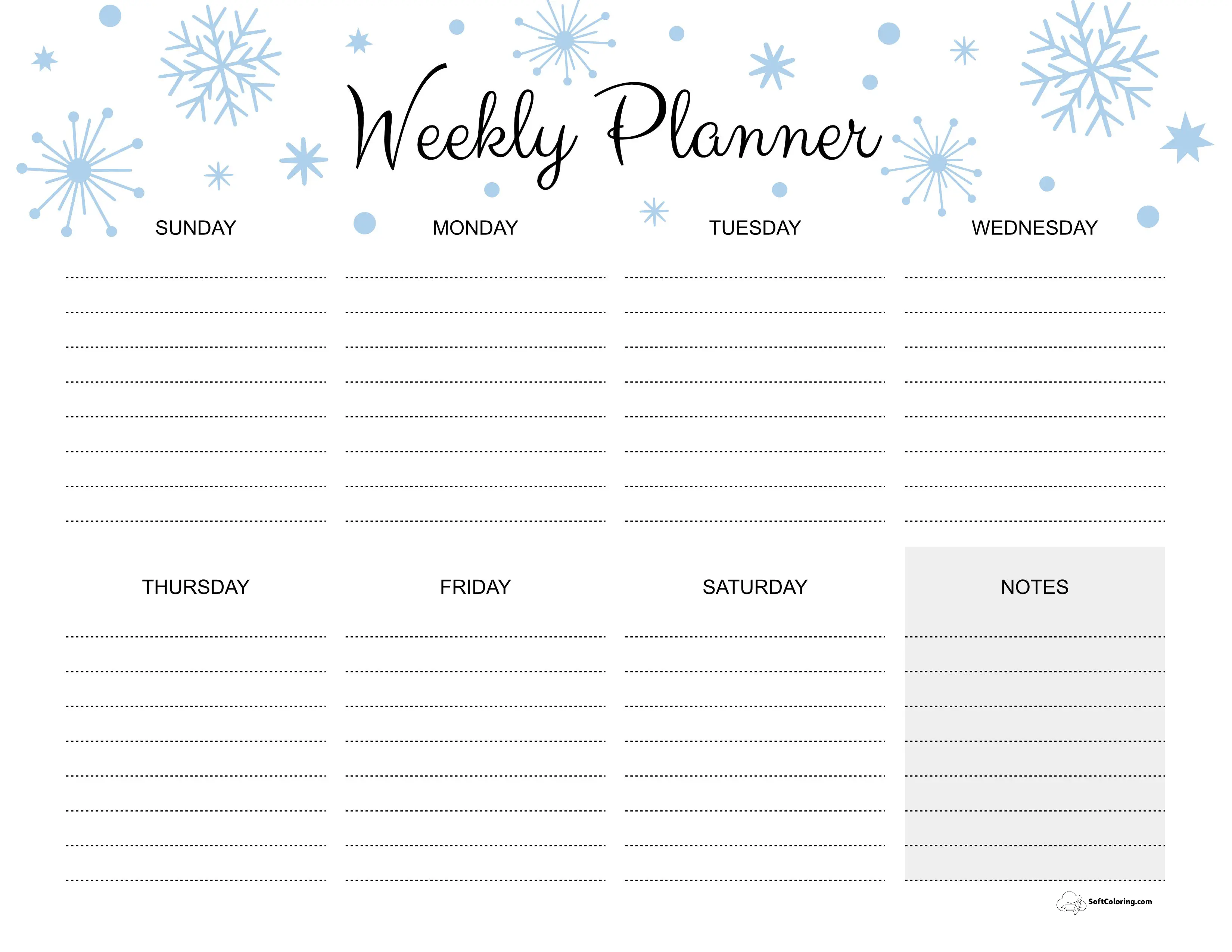 Winter Snowflakes Weekly Calendar Printable