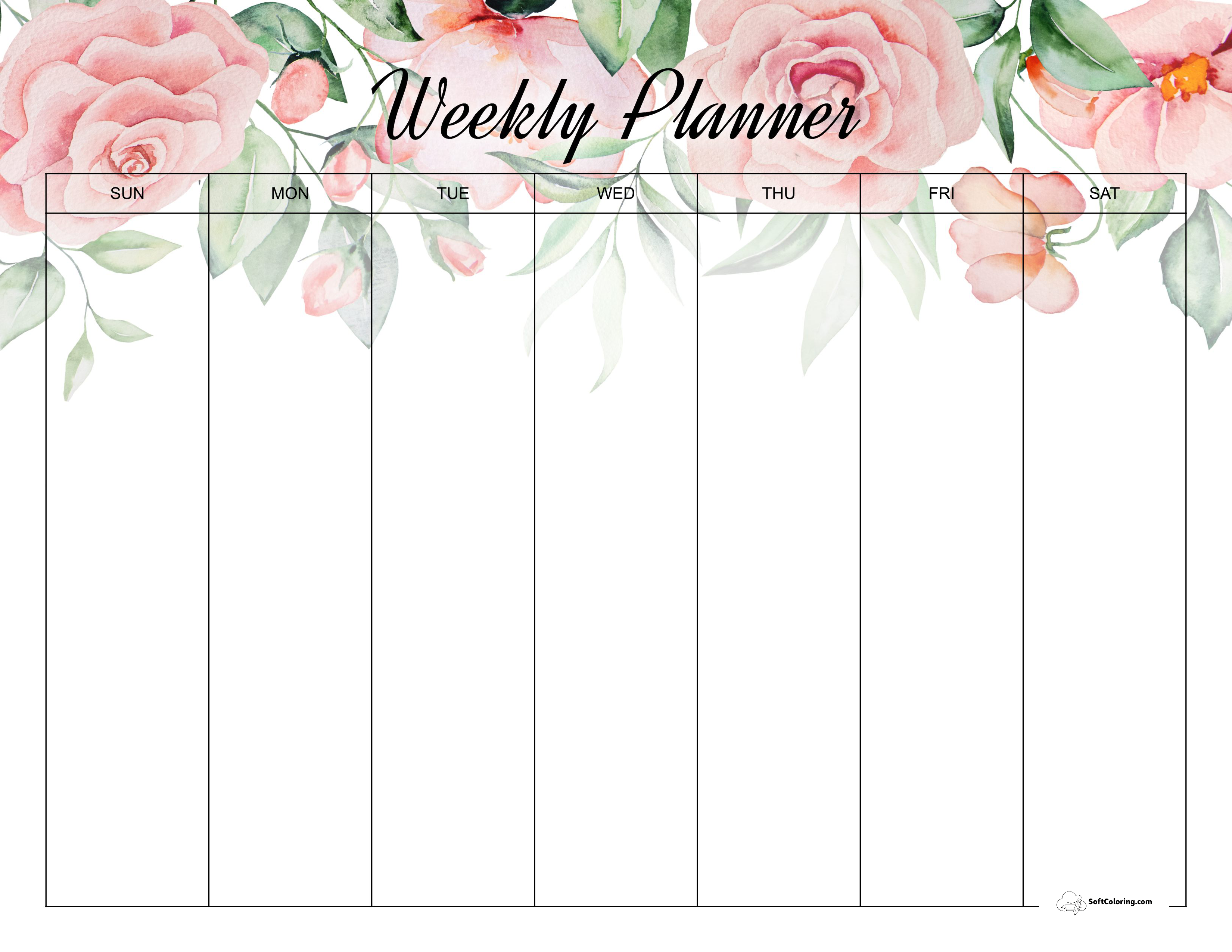 Roses Blank 7 Day Calendar To Print