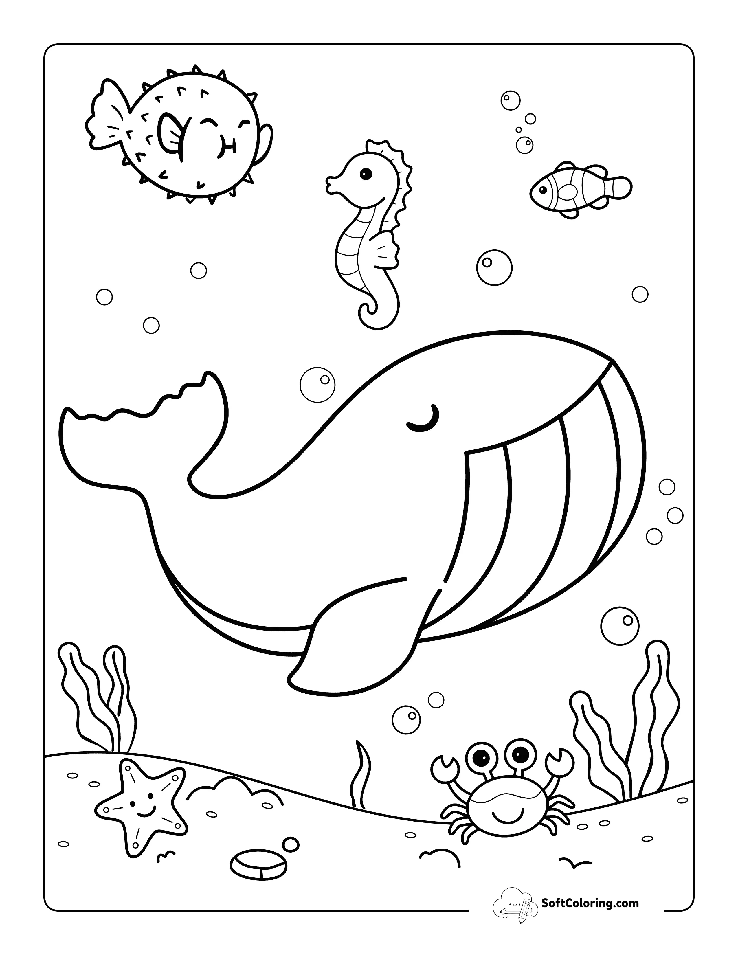 Easy Whale Under The Sea With Ocean Friends - Cute Coloring Page
