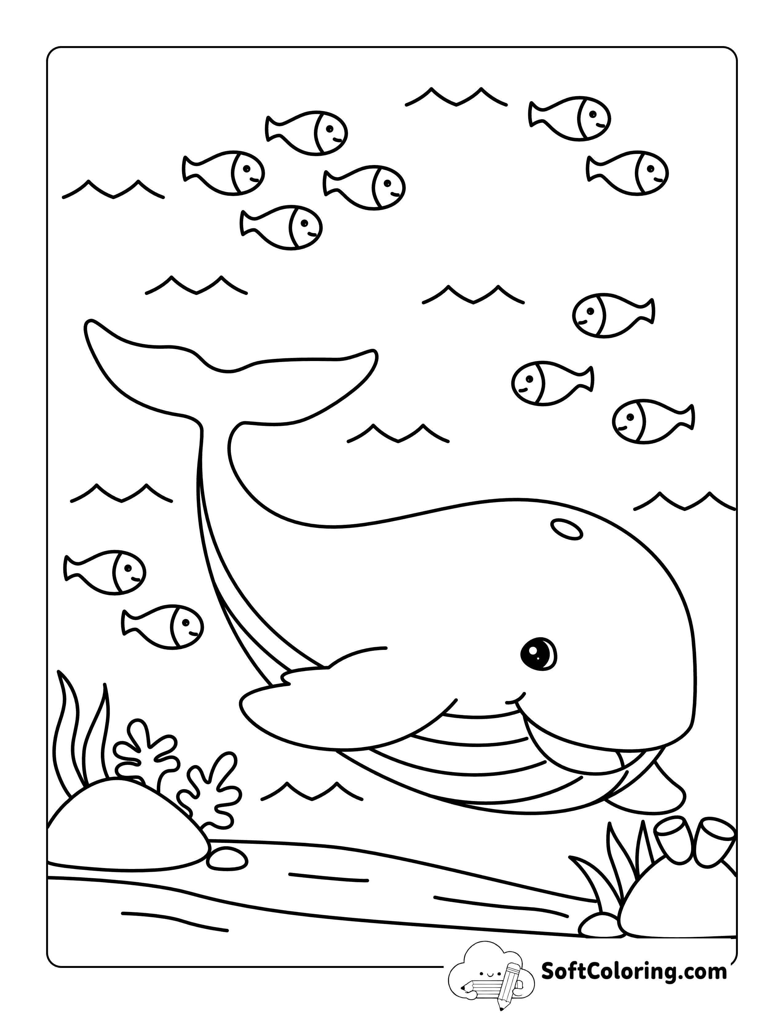 Cute Happy Whale Under Water with Fish Friends