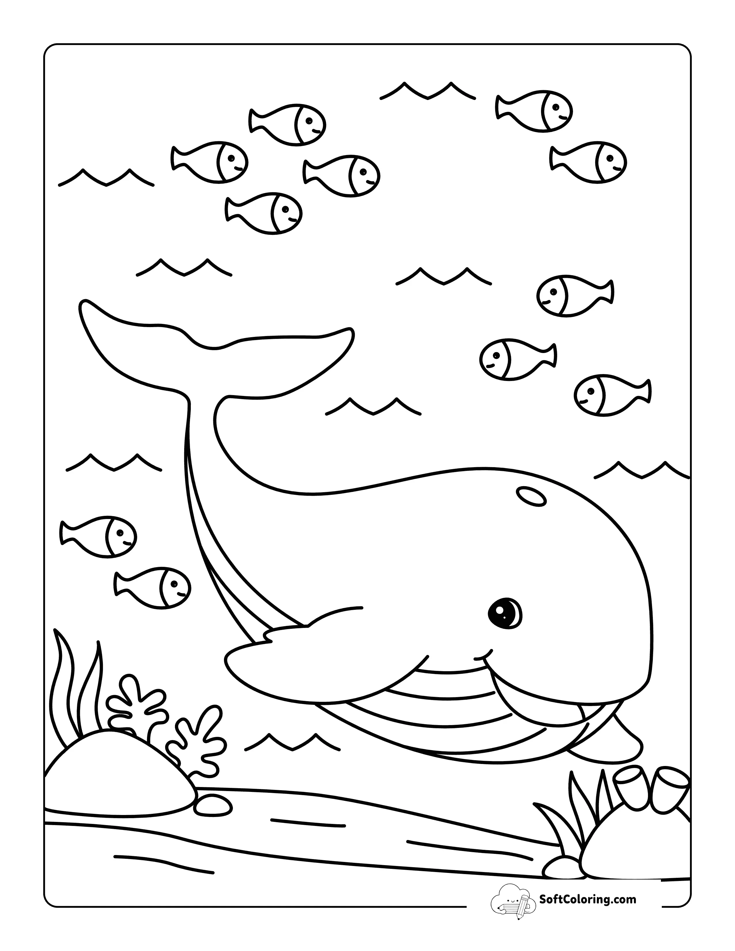 Cute Happy Whale Under Water With Fish Friends