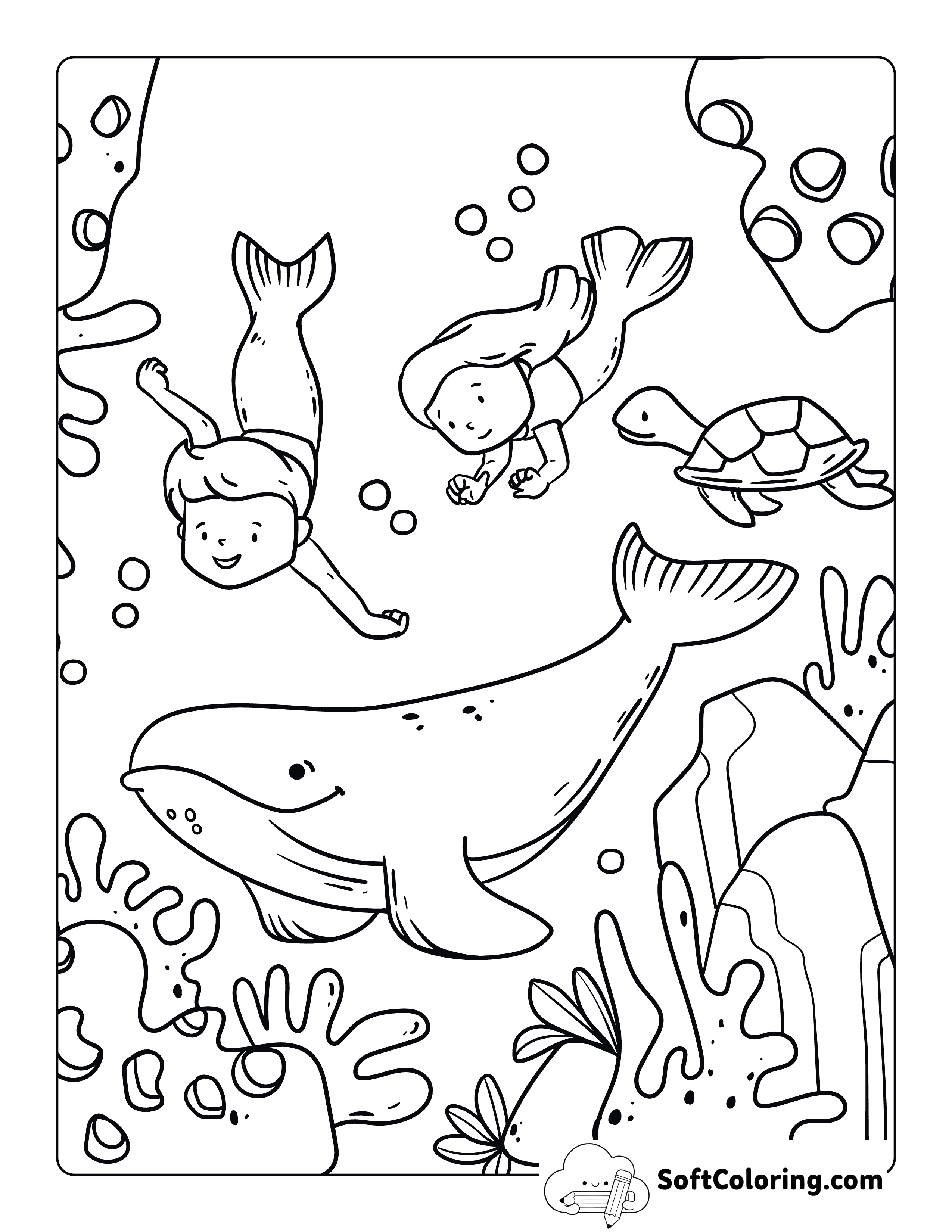 Easy Whale Swimming Under Water with Mermaids - Cute ColoringPage for Kids