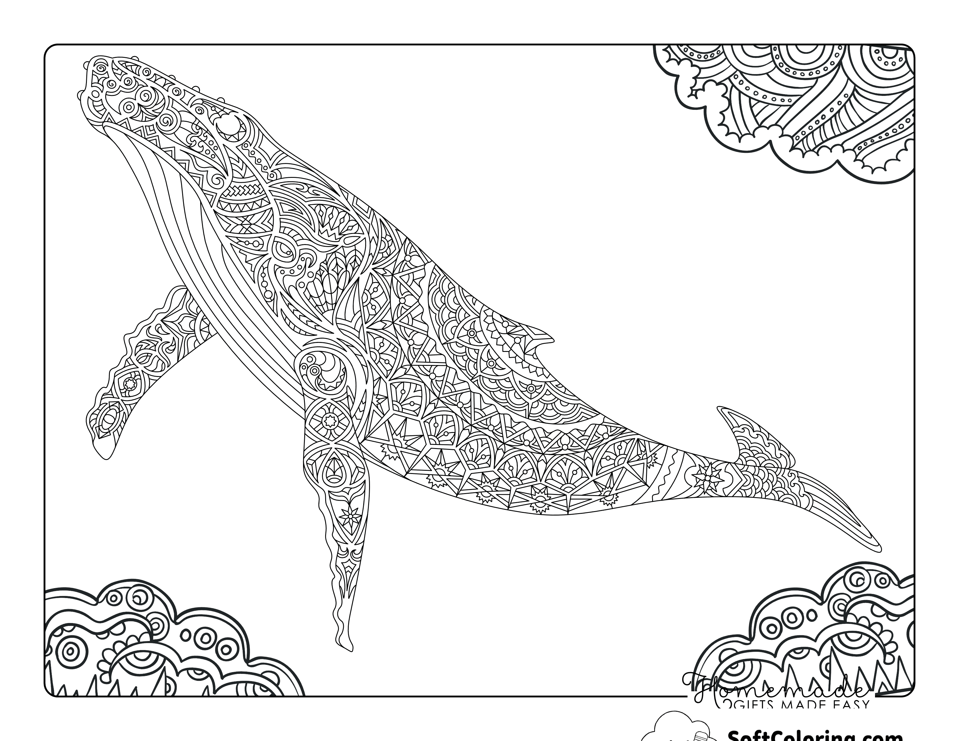 Cool Realistic Flying Whale Zentangle for Adults to Color