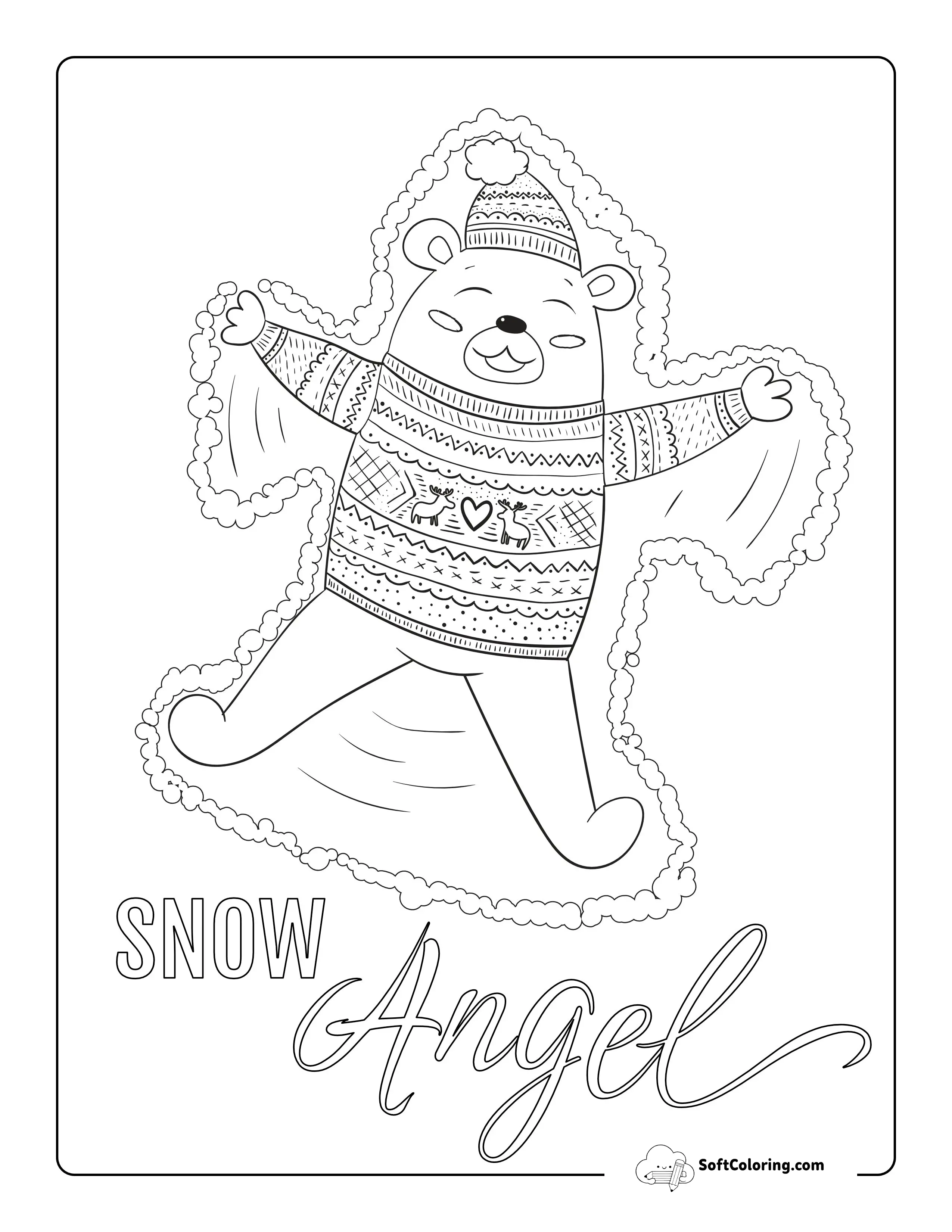 Cute Bear Snow Angel Coloring Page For Big Kids