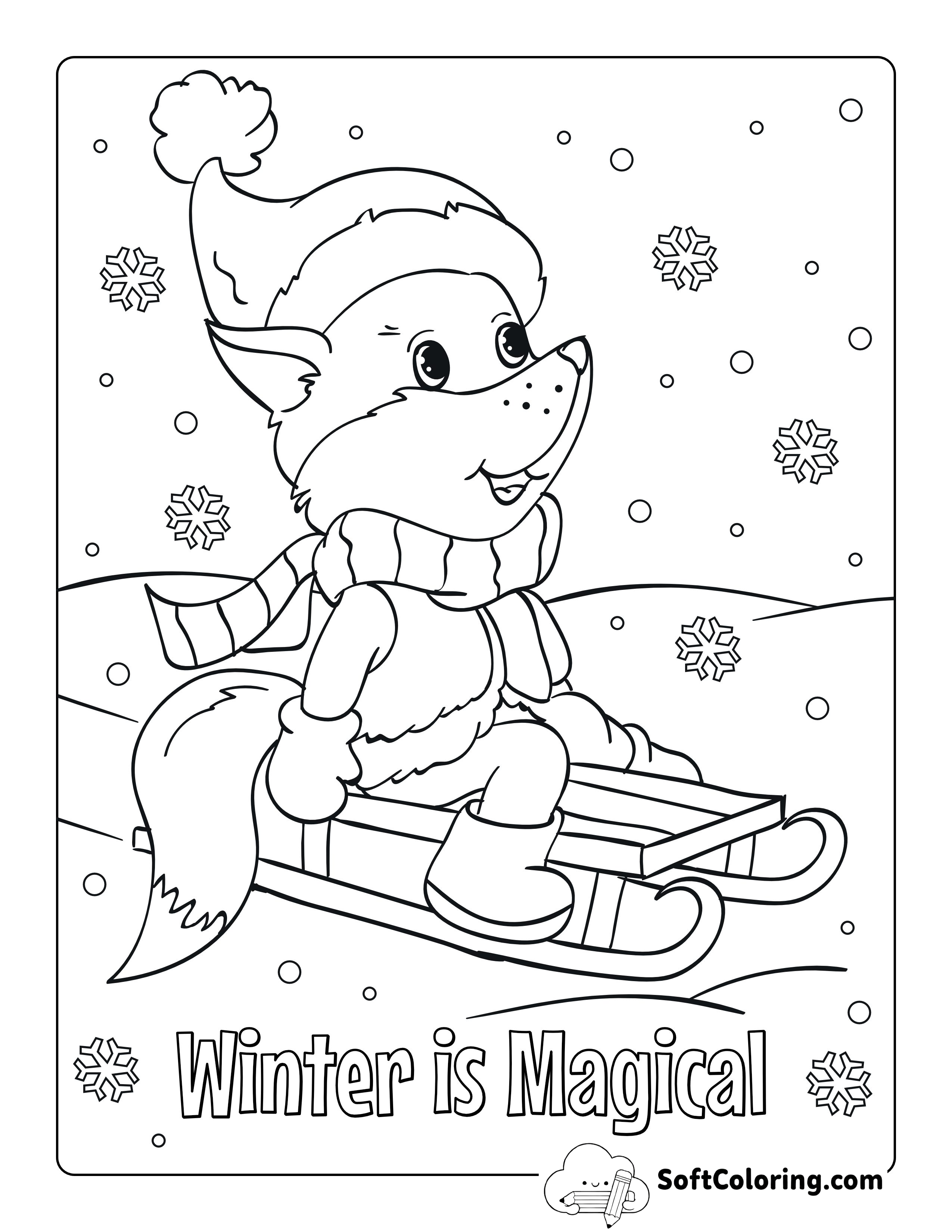 Cute Winter Fox on Toboggan to Color