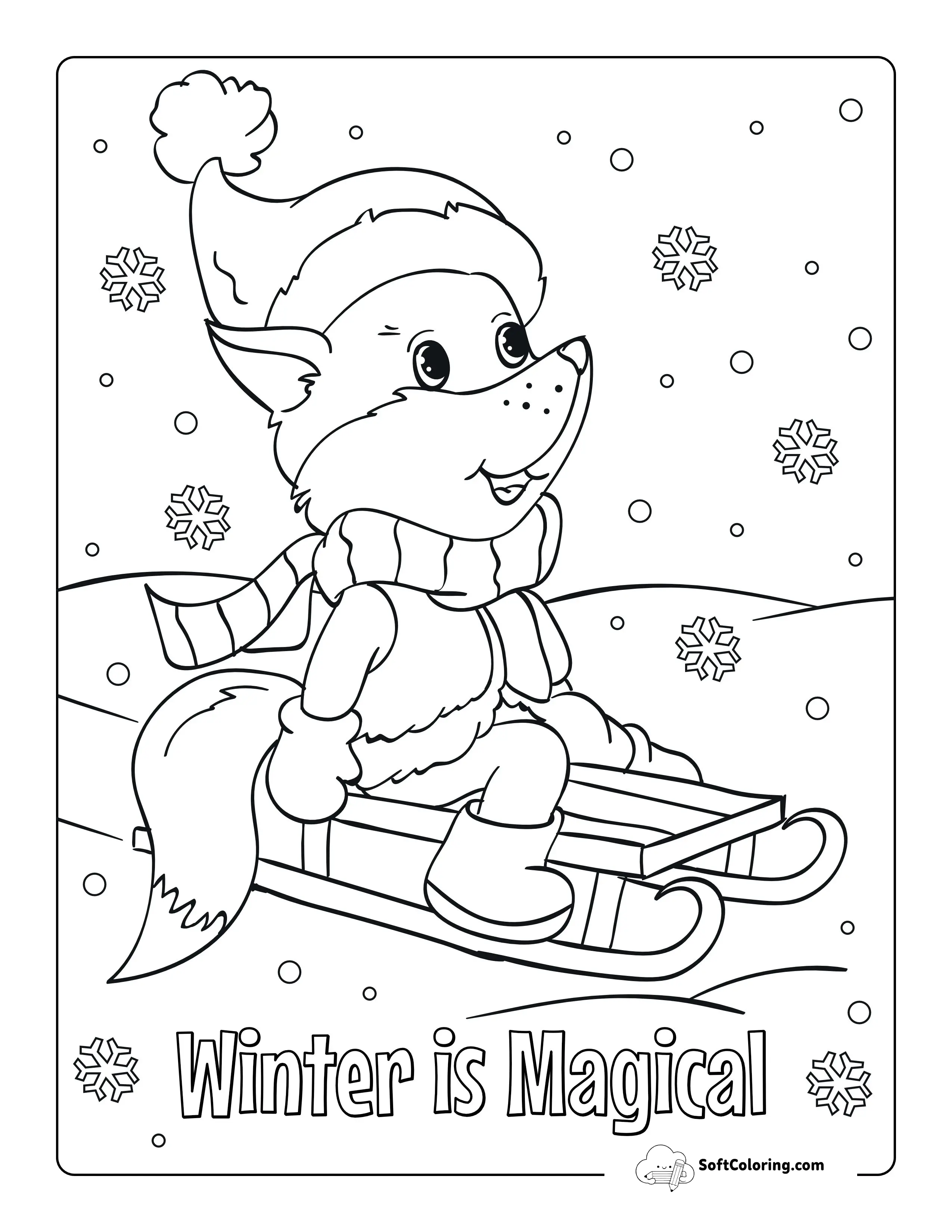 Cute Winter Fox On Toboggan To Color
