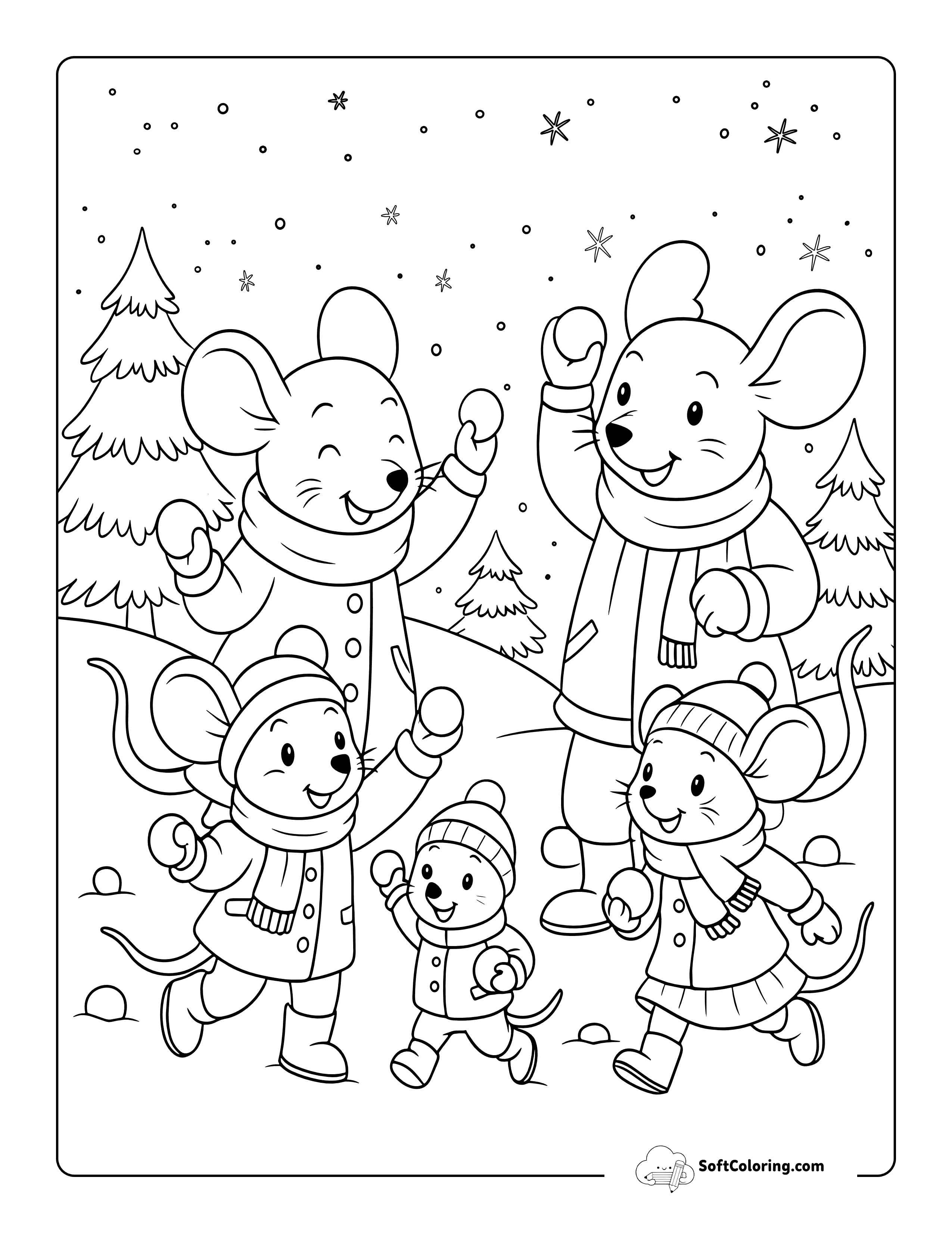 New! Cute Mouse Family Snowball Fight Winter Coloring Page