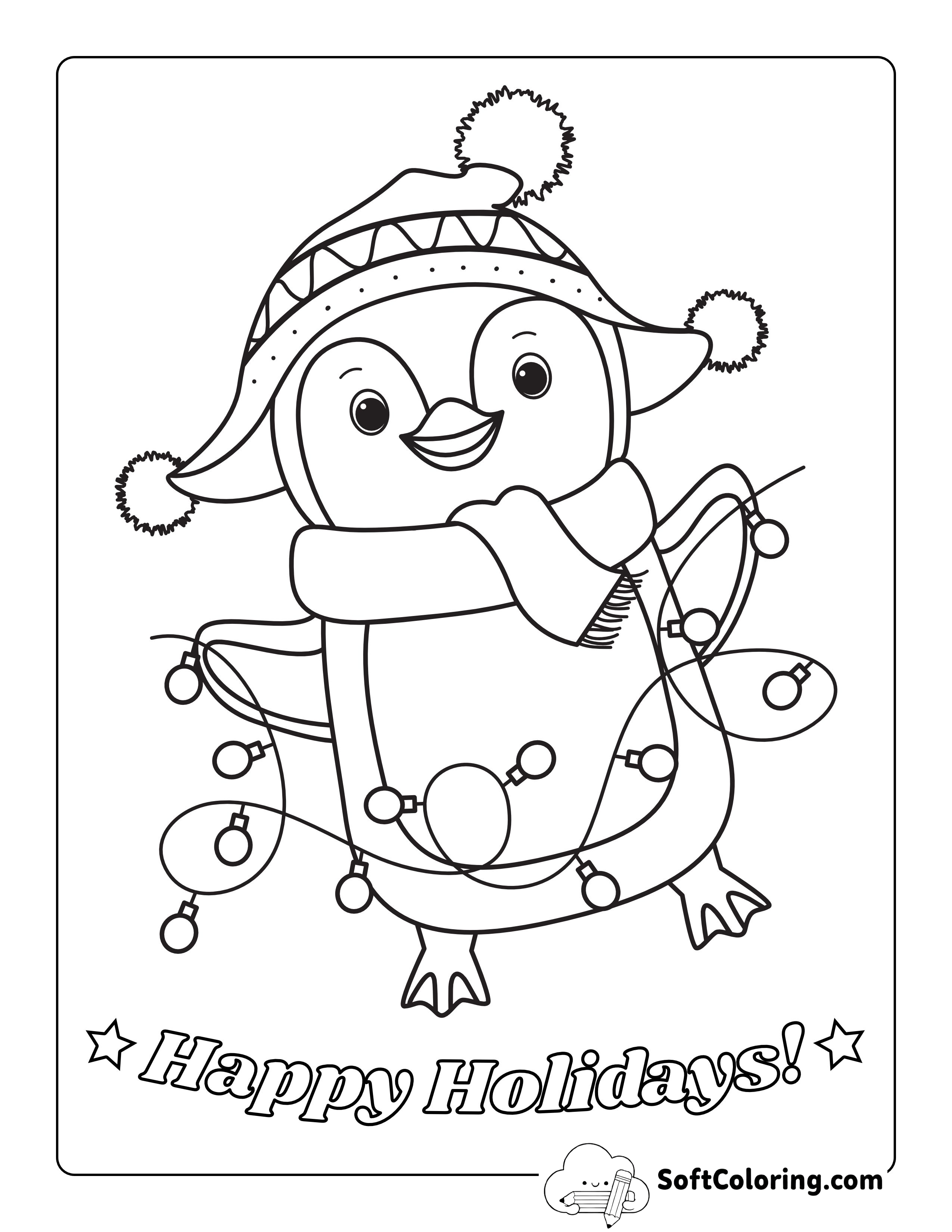 "Happy Holidays" Winter Penguin to Color
