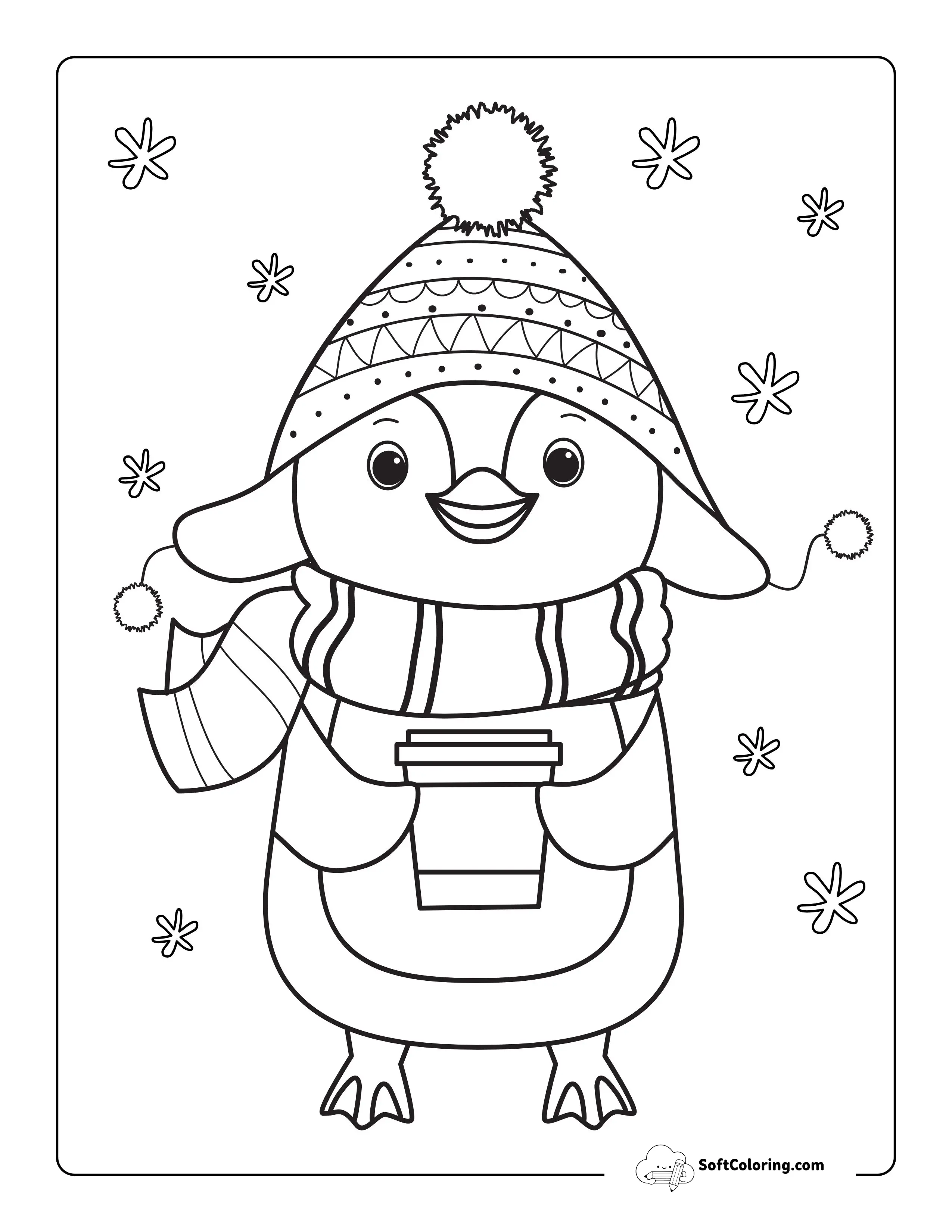 Penguin With Hot Drink Winter Coloring Sheet