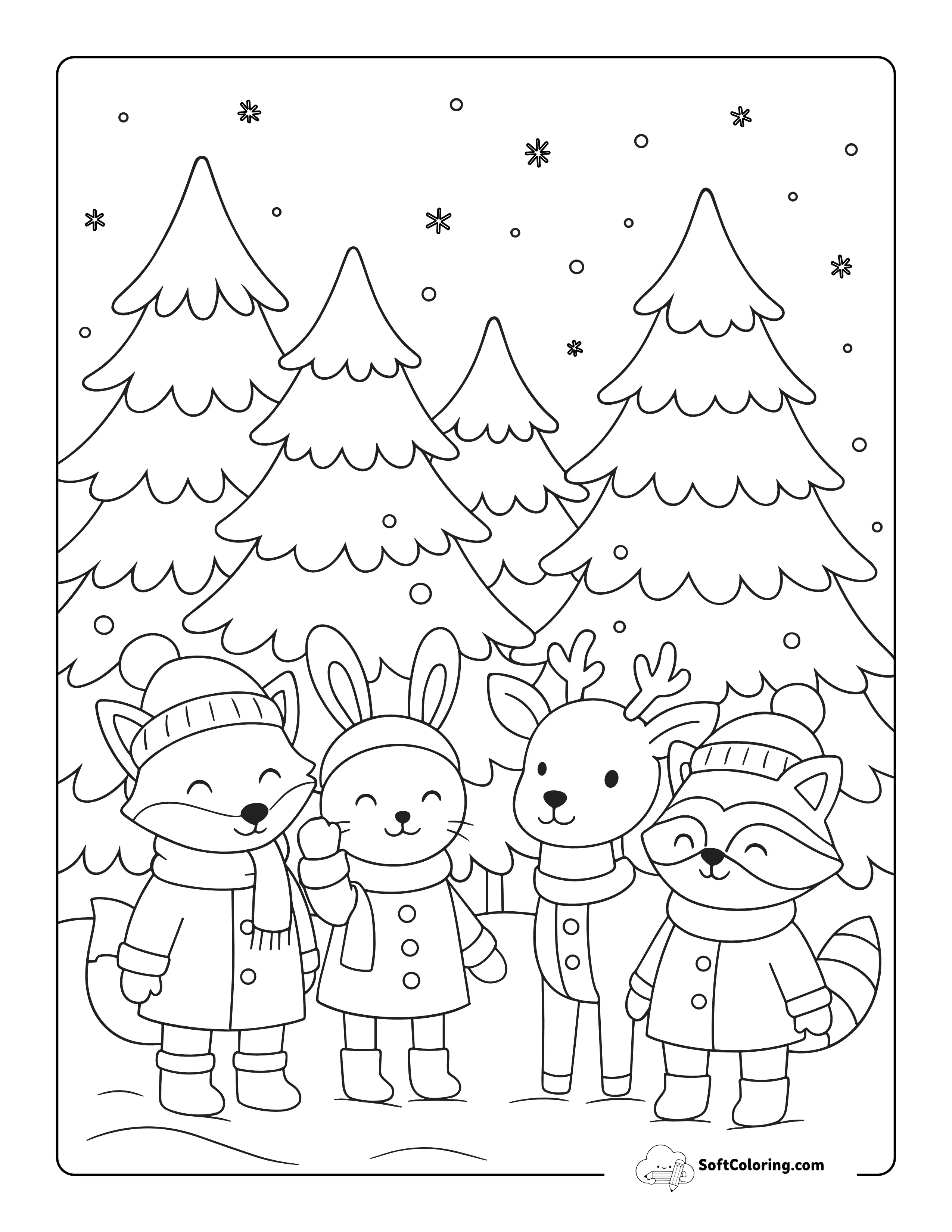 New! Woodland Animal Friends Winter Wonderland Coloring Page