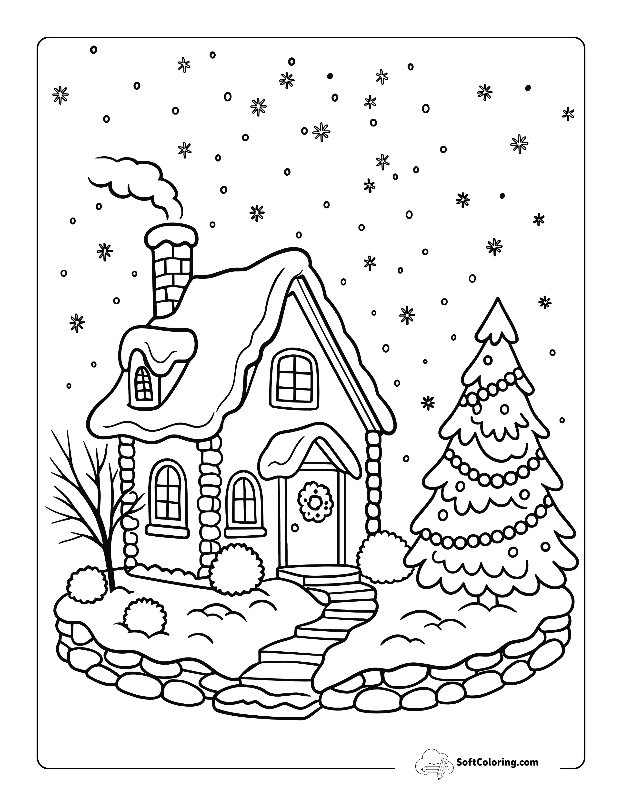 New! Cozy Cottage Winter Wonderland Coloring Page