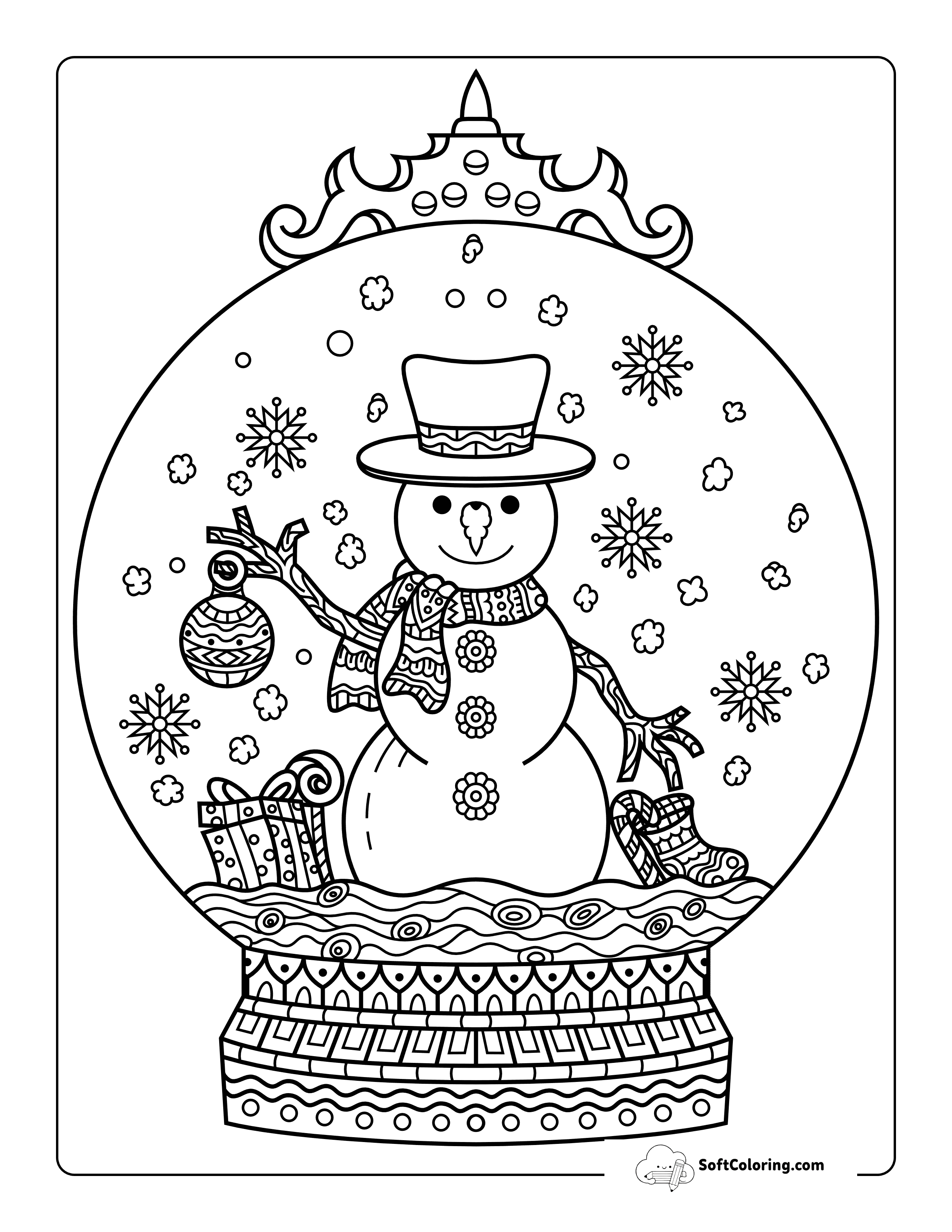 New! Easy Zentangle Snowman Snowglobe Coloring Page