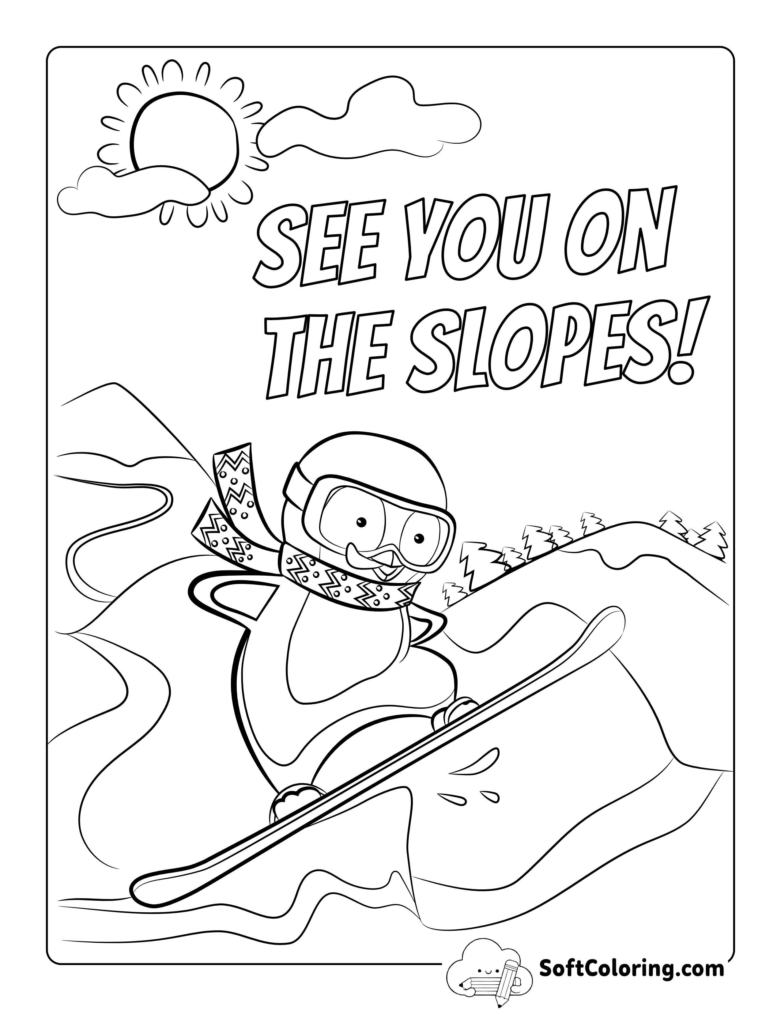 Penguin Snowboarding Winter Sports Coloring Page