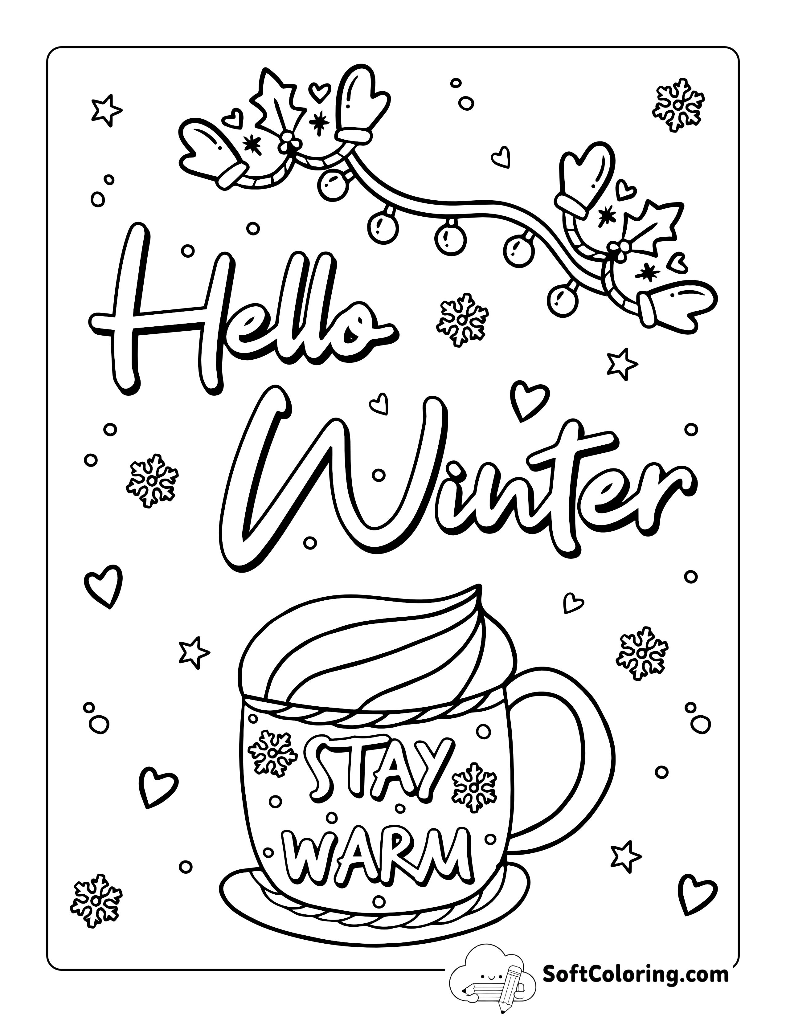 "Hello Winter" Hot Cocoa Picture to Color