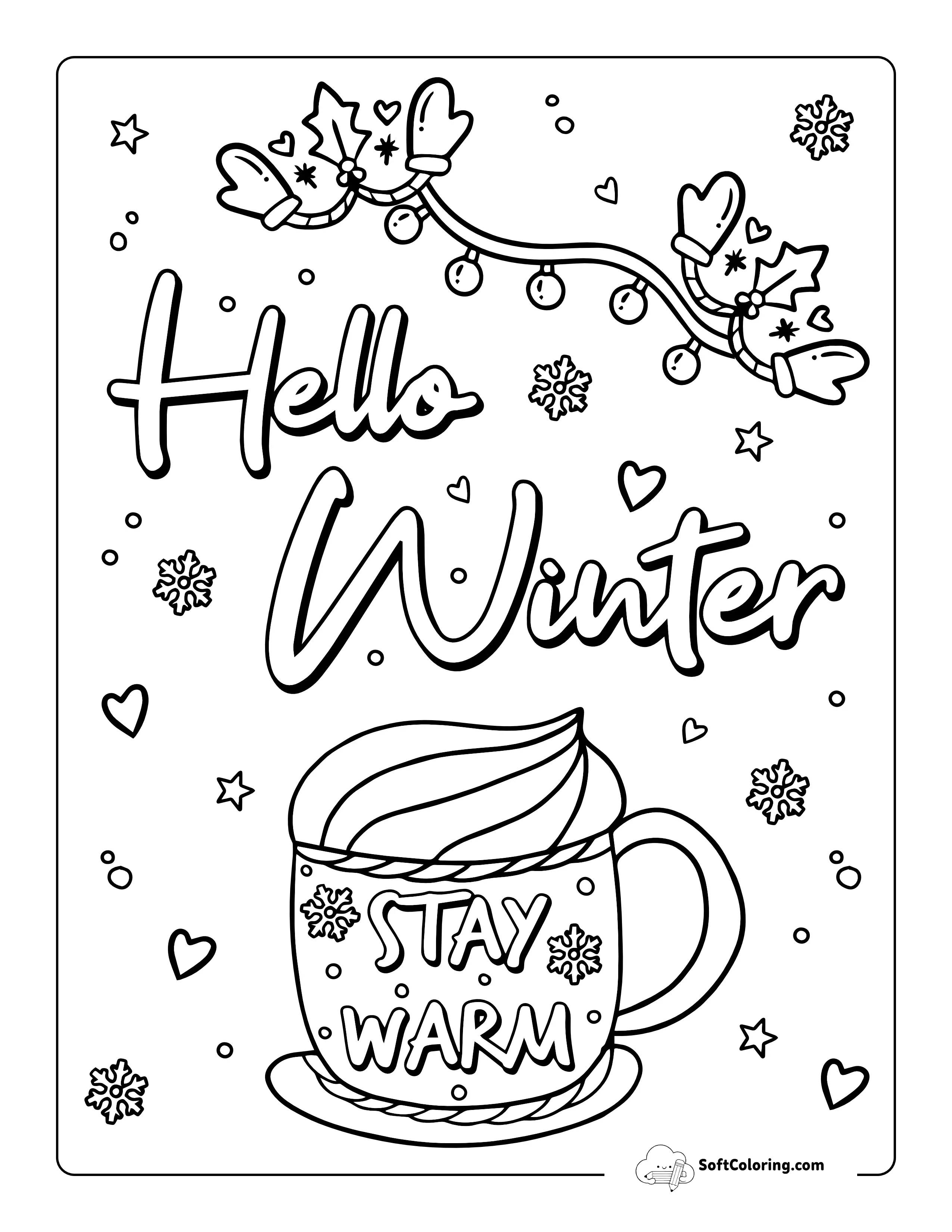 "Hello Winter" Hot Cocoa Picture To Color