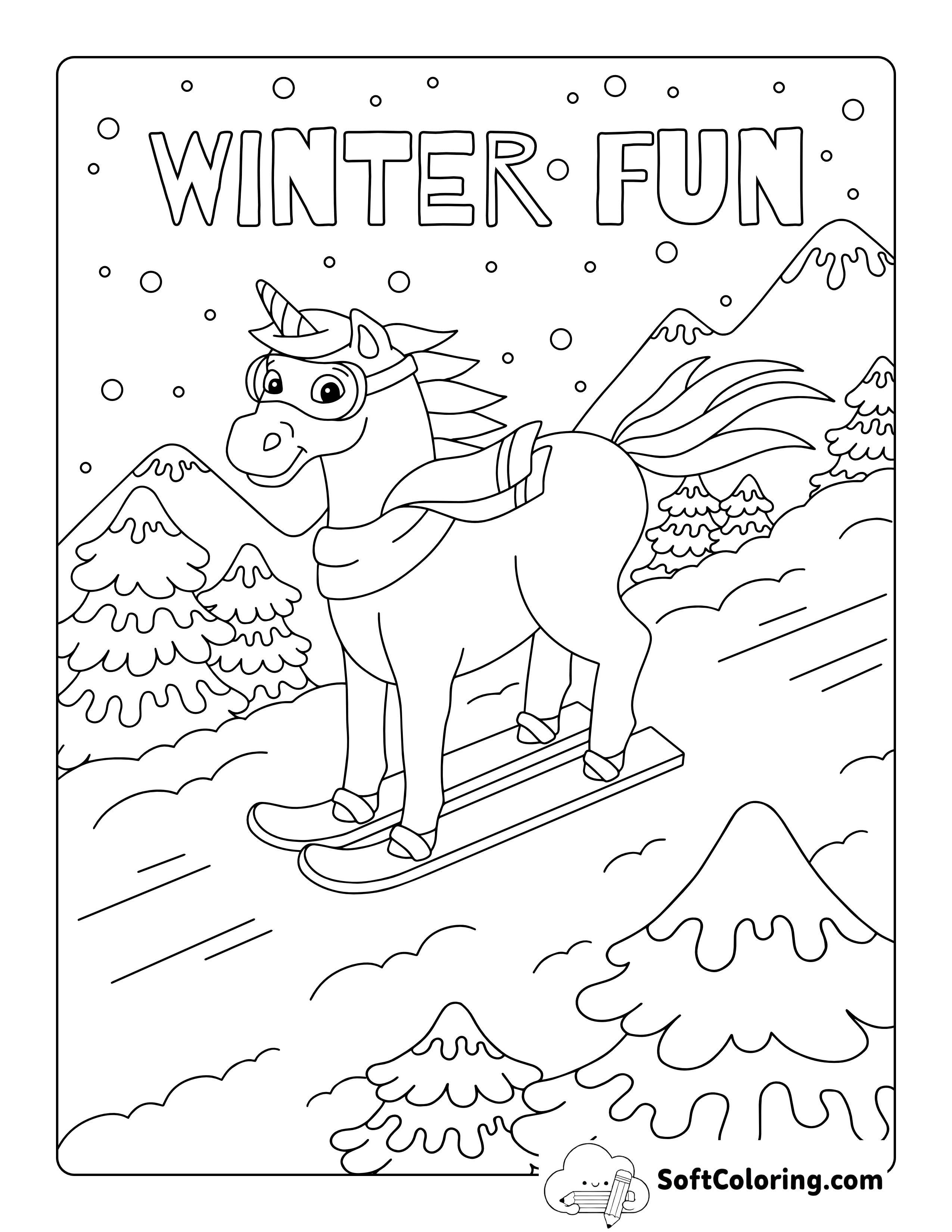 Skiing Unicorn Winter Sports Coloring Page