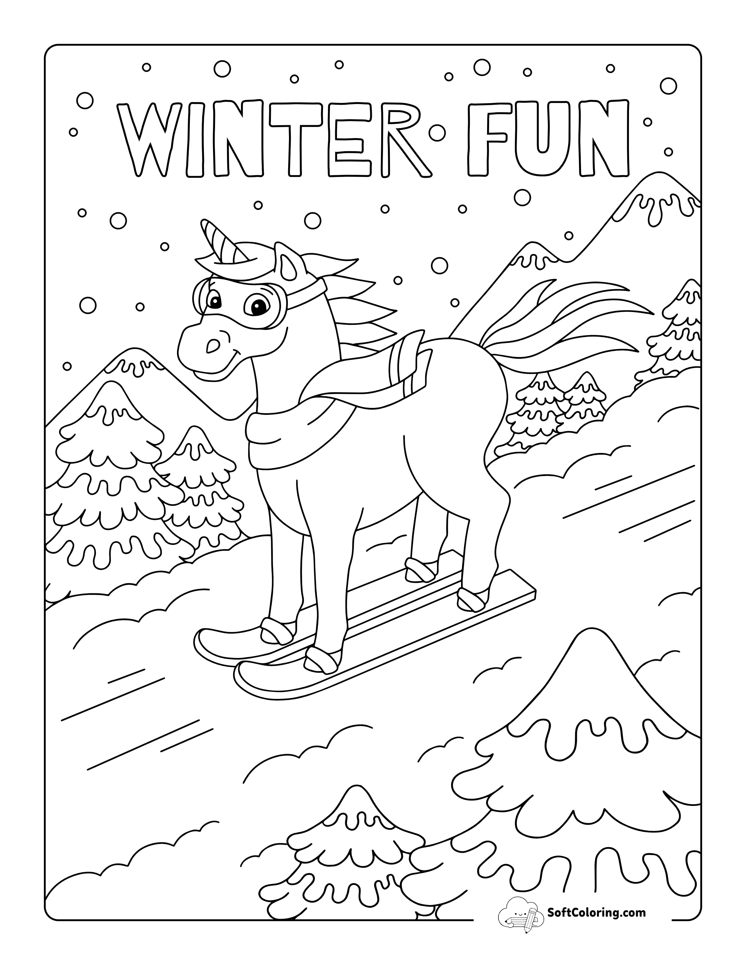 Skiing Unicorn Winter Coloring Page