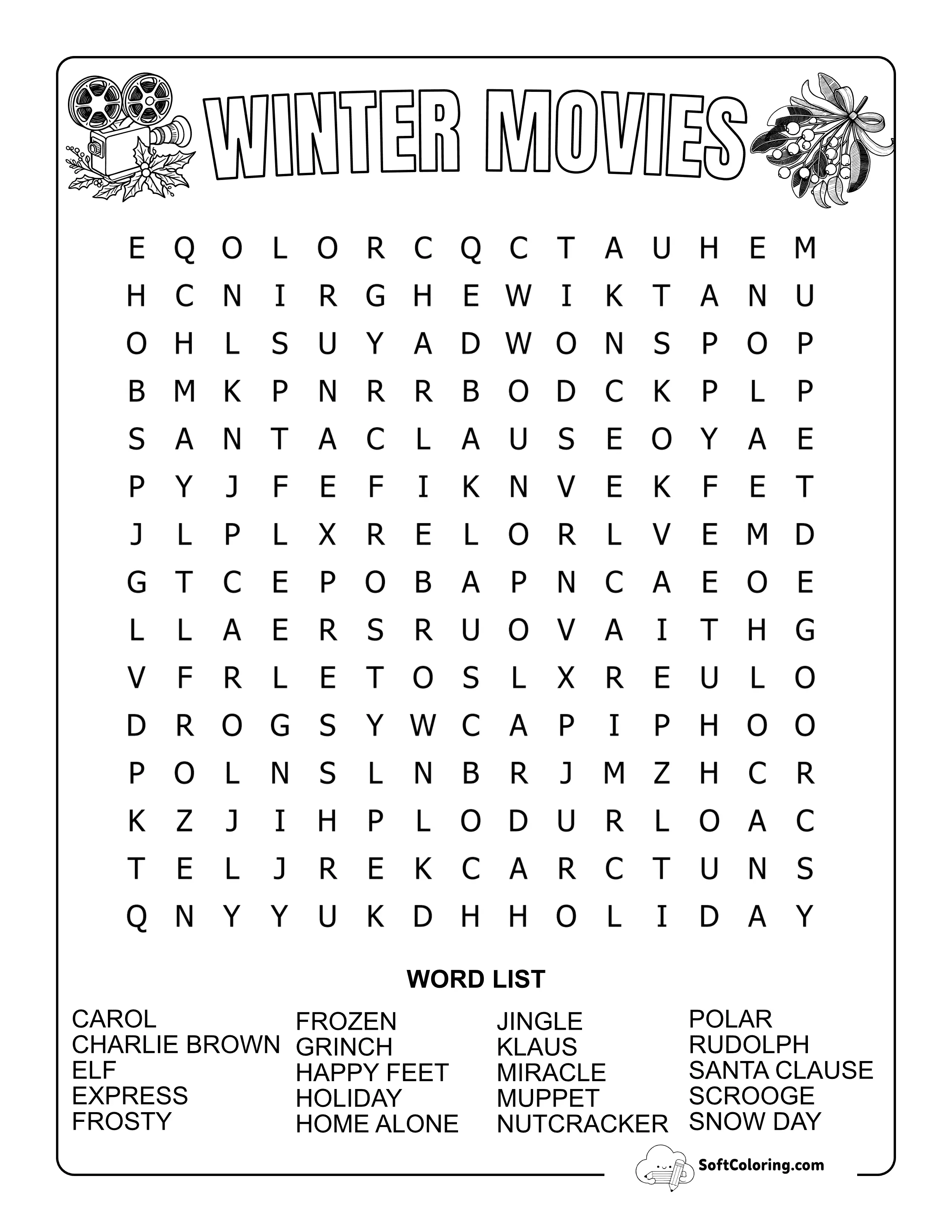 Medium Holiday Movies Word Search