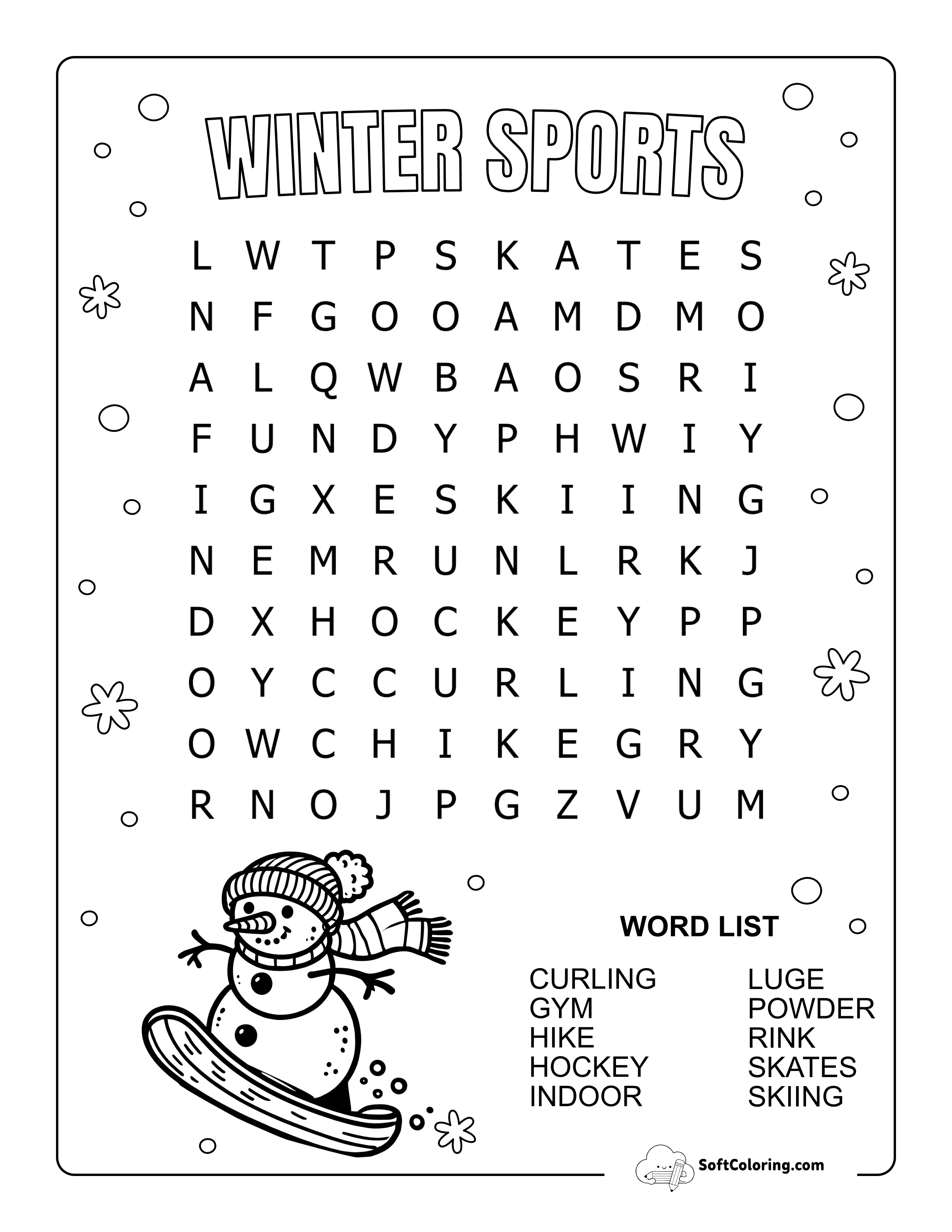Easy Winter Sports Word Search
