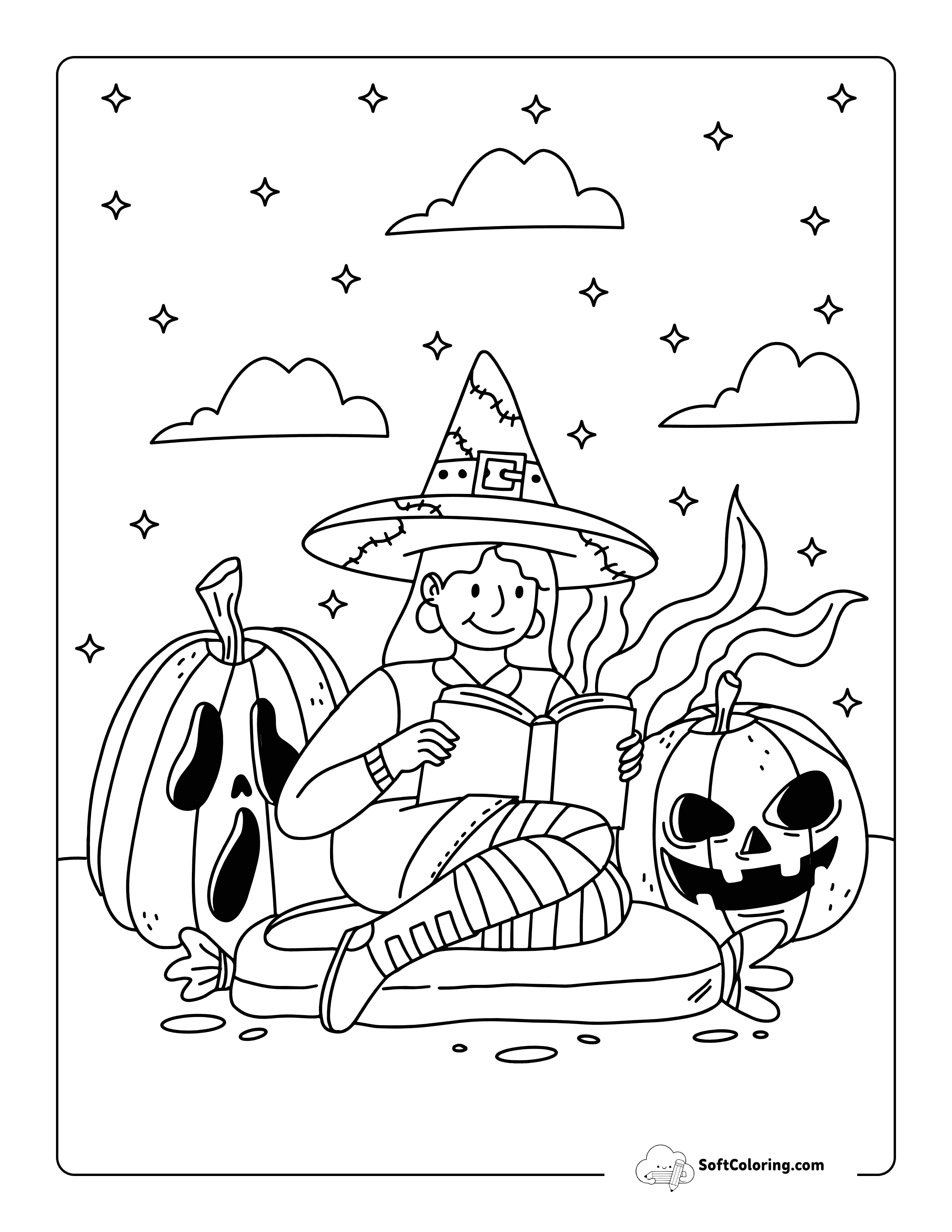 Reading A Book, Easy Witch Coloring Page For Adults