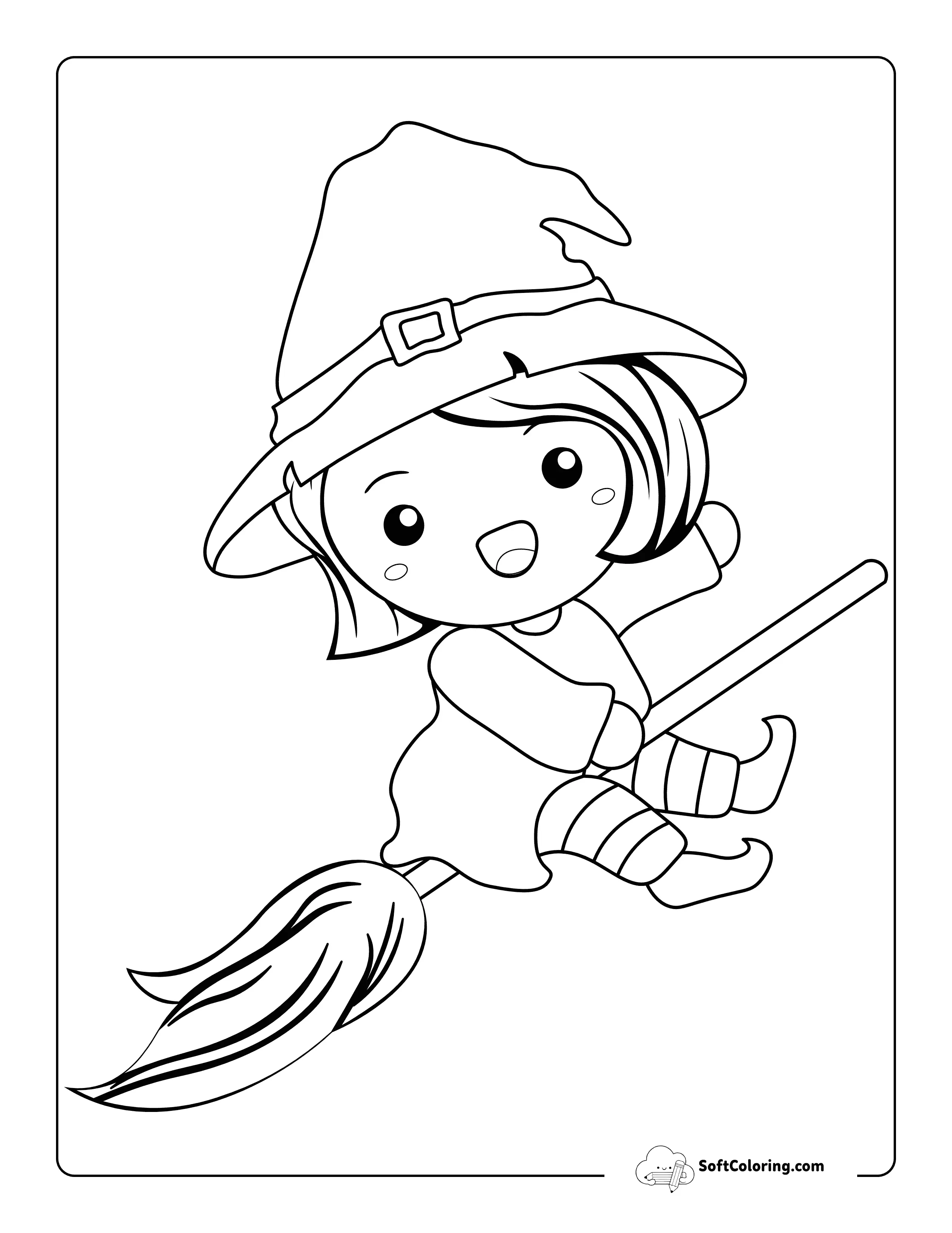 Easy Flying On Broom Cute Witch Coloring Sheet